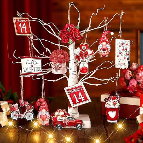24 adornos colgantes rojos de San Valentín – globos de corazón rosa pastel de coches, letras enanas decoración del día de San Valentín para colgar