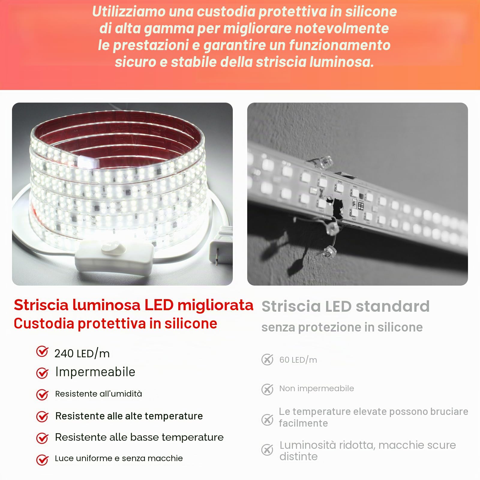 pcning IP65 Impermeabile Strip LED Adesiva 220V 3M 2835 240 leds/m Flessibile Striscia Bianco Freddo 6000K, Strisce LED 220 Volt da Esterno 3 Metri (Bianco Freddo, 3M)