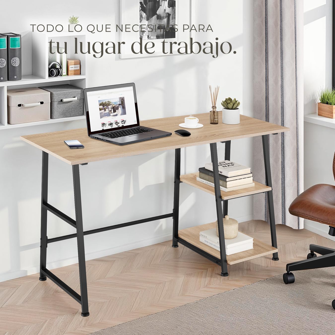 tectake® Mesa Escritorio con 2 Estantes Integrados, Pies Ajustables, Moderno Escritorio para Ordenador, Mesa Oficina, Fácil Montaje - 120 x 50 x 73,5 cm Madera Industrial Clara, Roble Sonoma