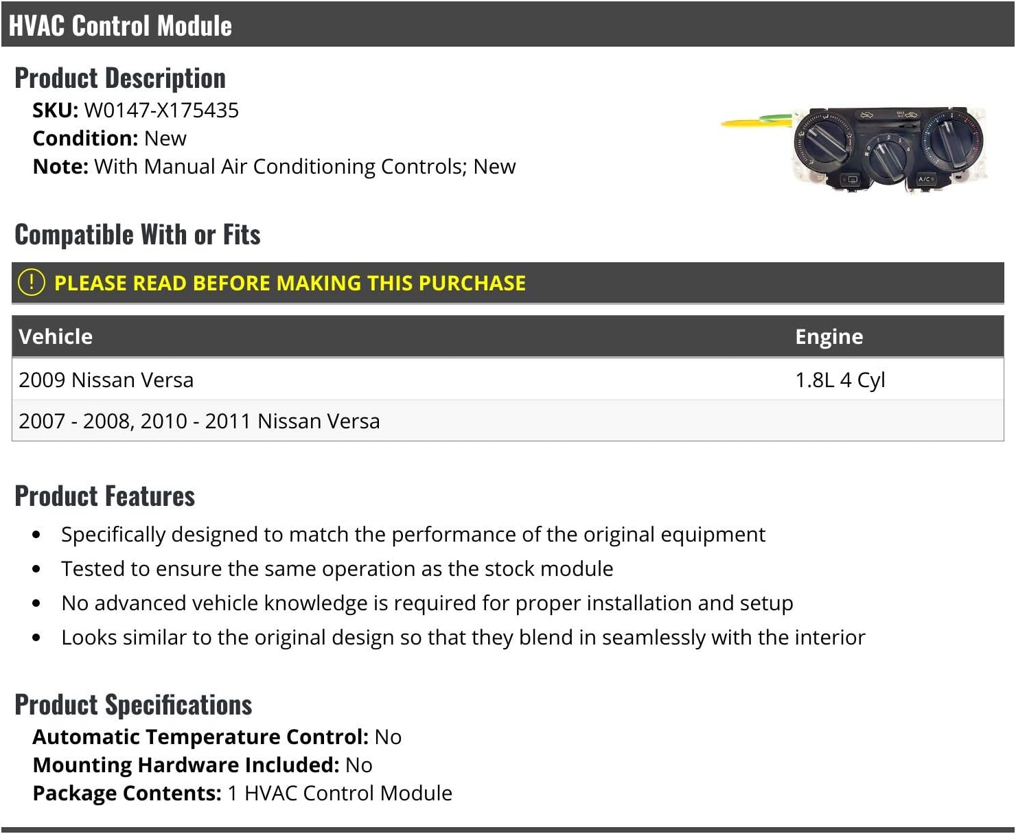 Marketplace Auto Parts HVAC Control Module - Compatible with 2007-2011 Nissan Versa 1.8L 4-Cylinder; Manual Operation; Knob Actuator; Push Button Switch
