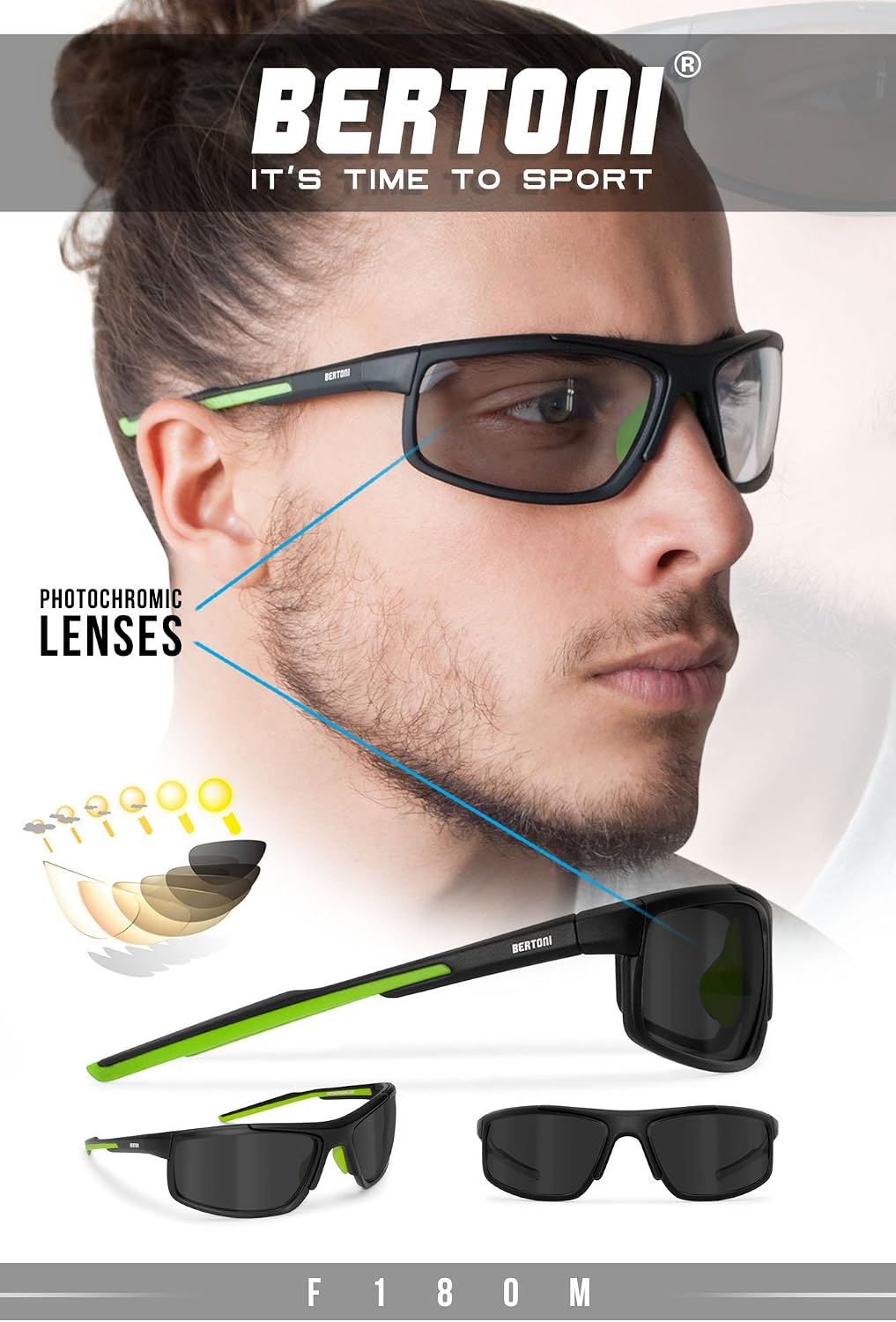 Bertoni Sports Polarized Sunglasses Antifog Photochromic Cycling Ski Running Golf mod. 180