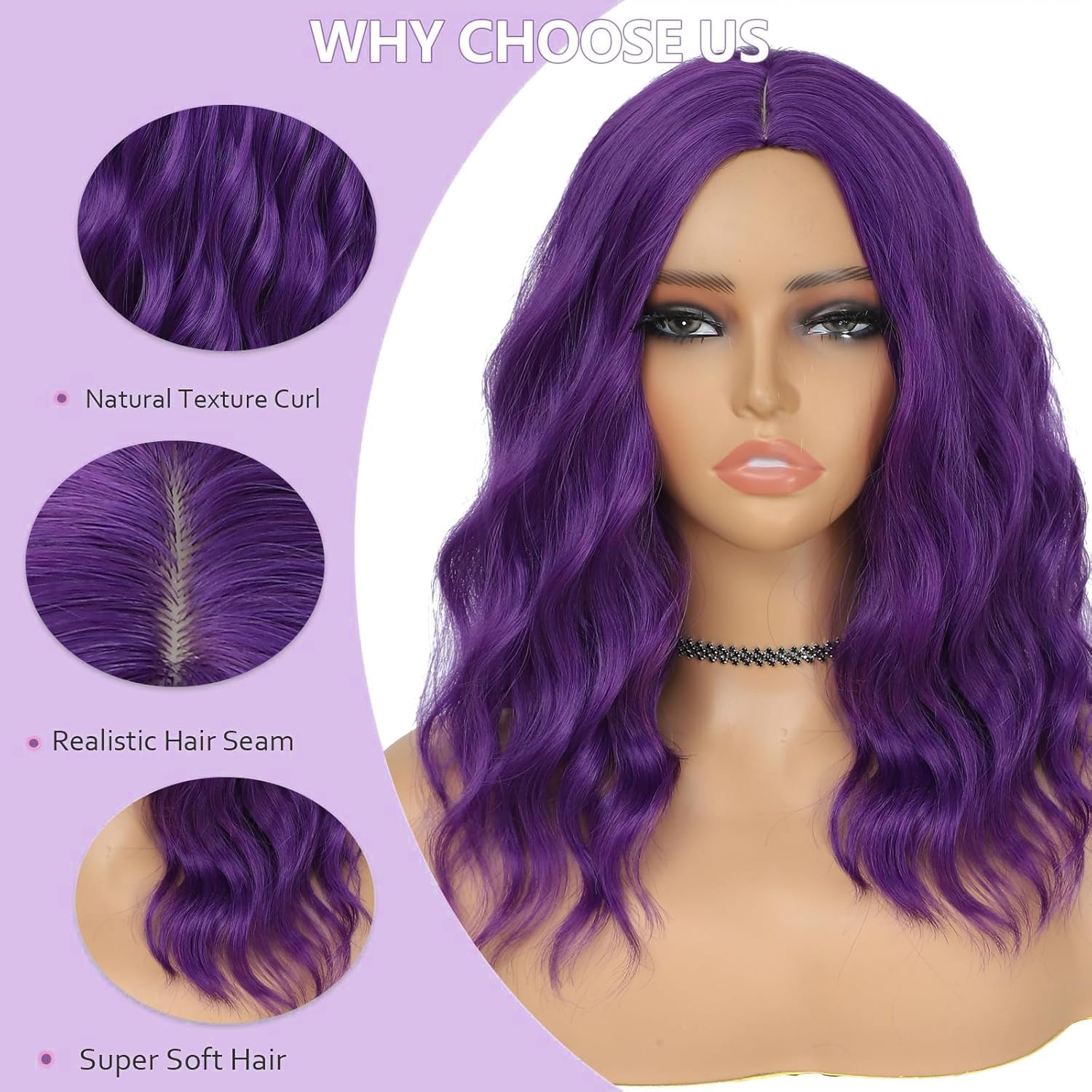 PORSMEER 14 Inches Short Purple Wavy Bob Wig Middle Part for Women Beach Wave Wigs for Halloween Costume Party,Compatible with Tonks Wig or 1940S - Image 4
