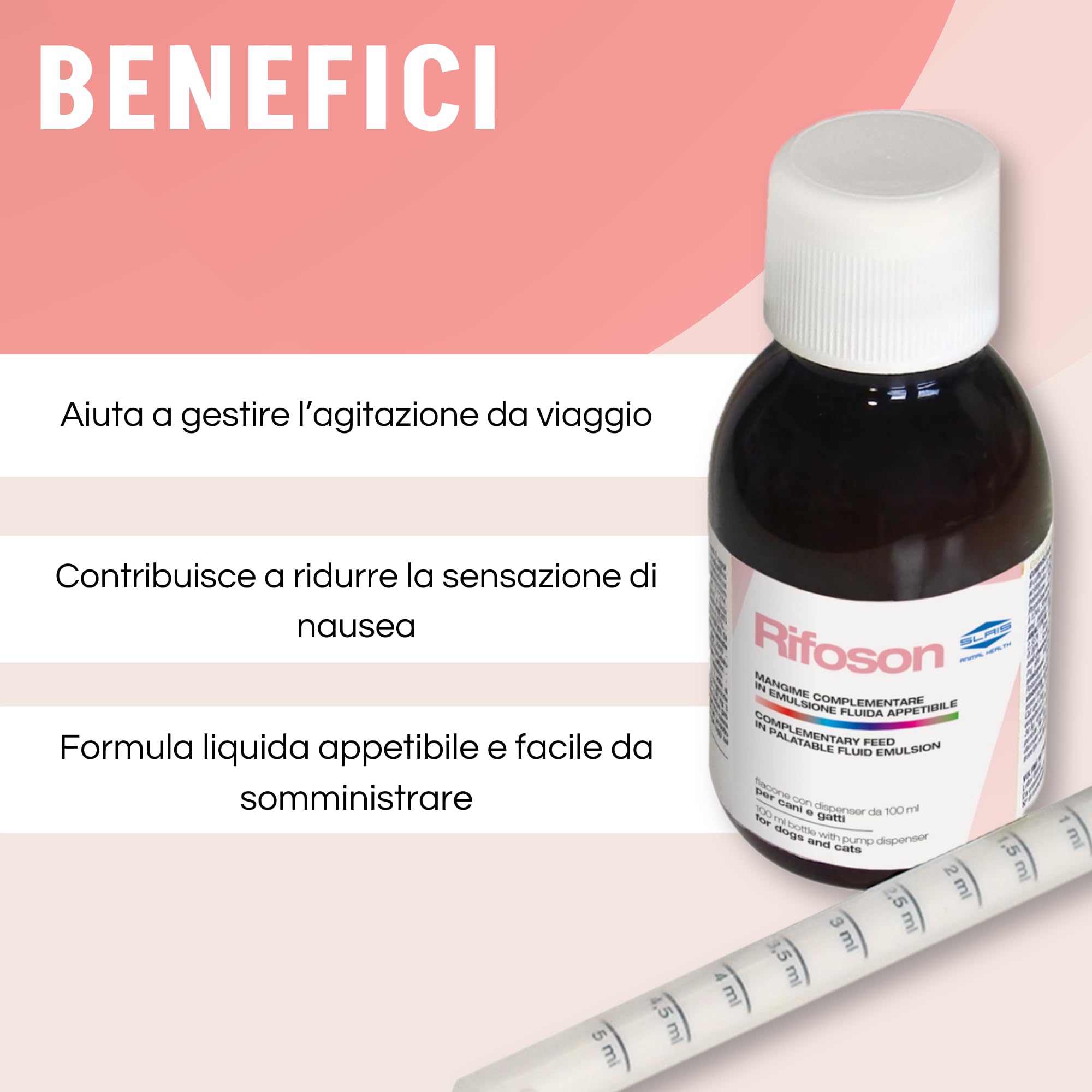 SLAIS Srl Rifoson Travel per Cani e Gatti – Alimento Complementare in Emulsione Fluida – con Zenzero, Valeriana, Passiflora ed Escolzia – 100 ml con Siringa Graduata