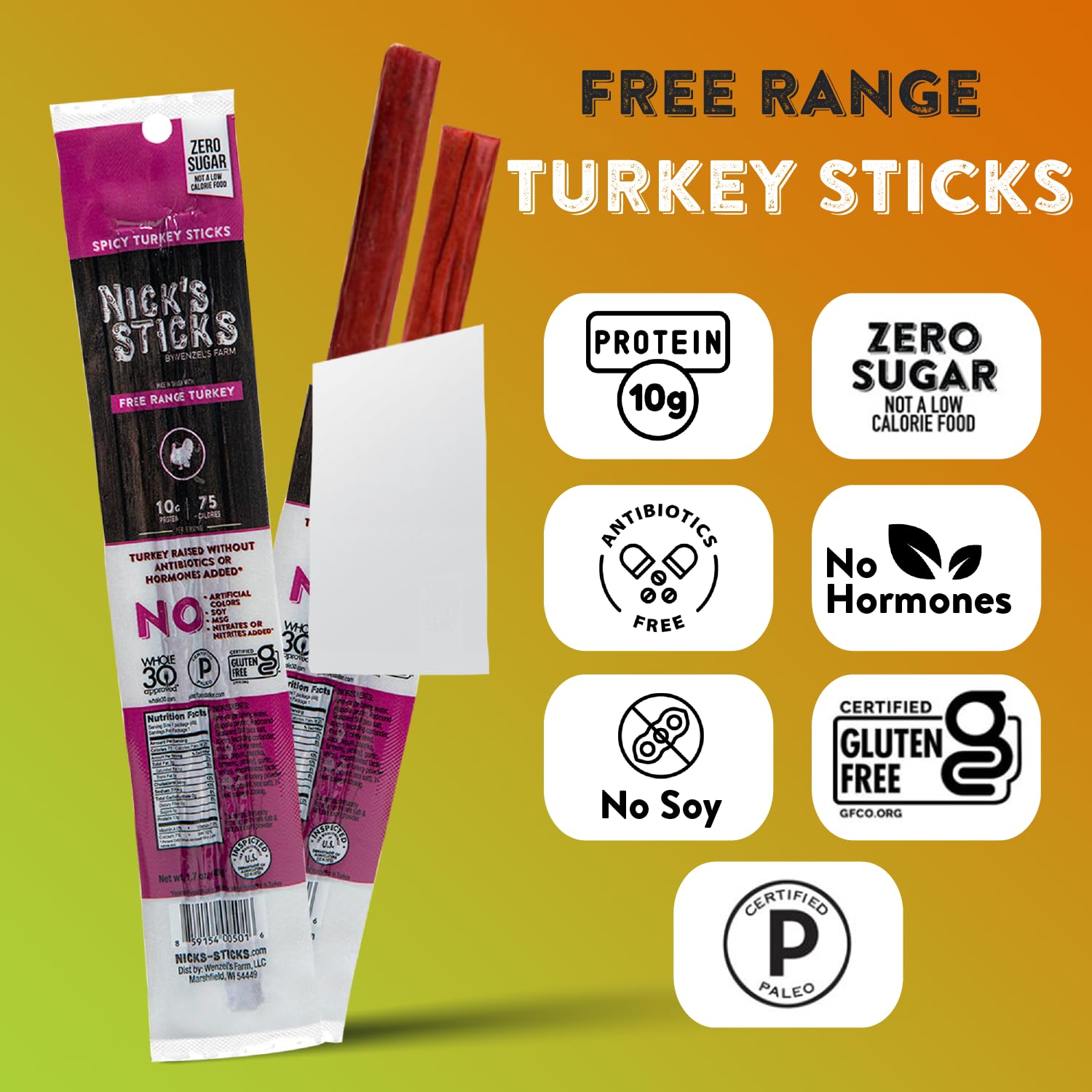 Nick's Sticks Clean & Balanced Spicy Free Range Turkey Snack Sticks | Made in the USA | Gluten Free | Paleo | Keto | Whole30 Approved |No Soy, Antibiotics or Hormones (25 – 1.7oz. Packs of 2 Sticks)