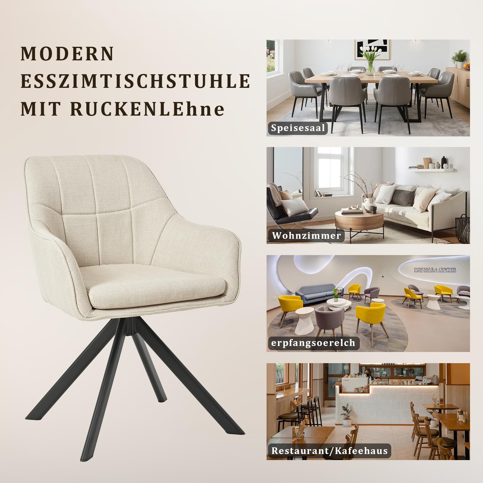 Lot de 6 Chaises Pivotantes 360° en Lin Beige avec Accoudoirs, Chaises de Salle à Manger, Cuisine, Fauteuils avec Pieds en Métal, pour Bureau ou Salon