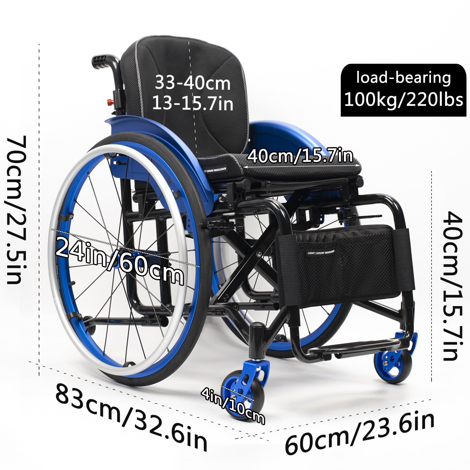Silla de ruedas manual plegable autopropulsada de aleación de aluminio, silla de ruedas liviana for adultos, silla de ruedas deportiva con antivuelco, pesa solo 29 libras(Blue B,40cm/15.7in)