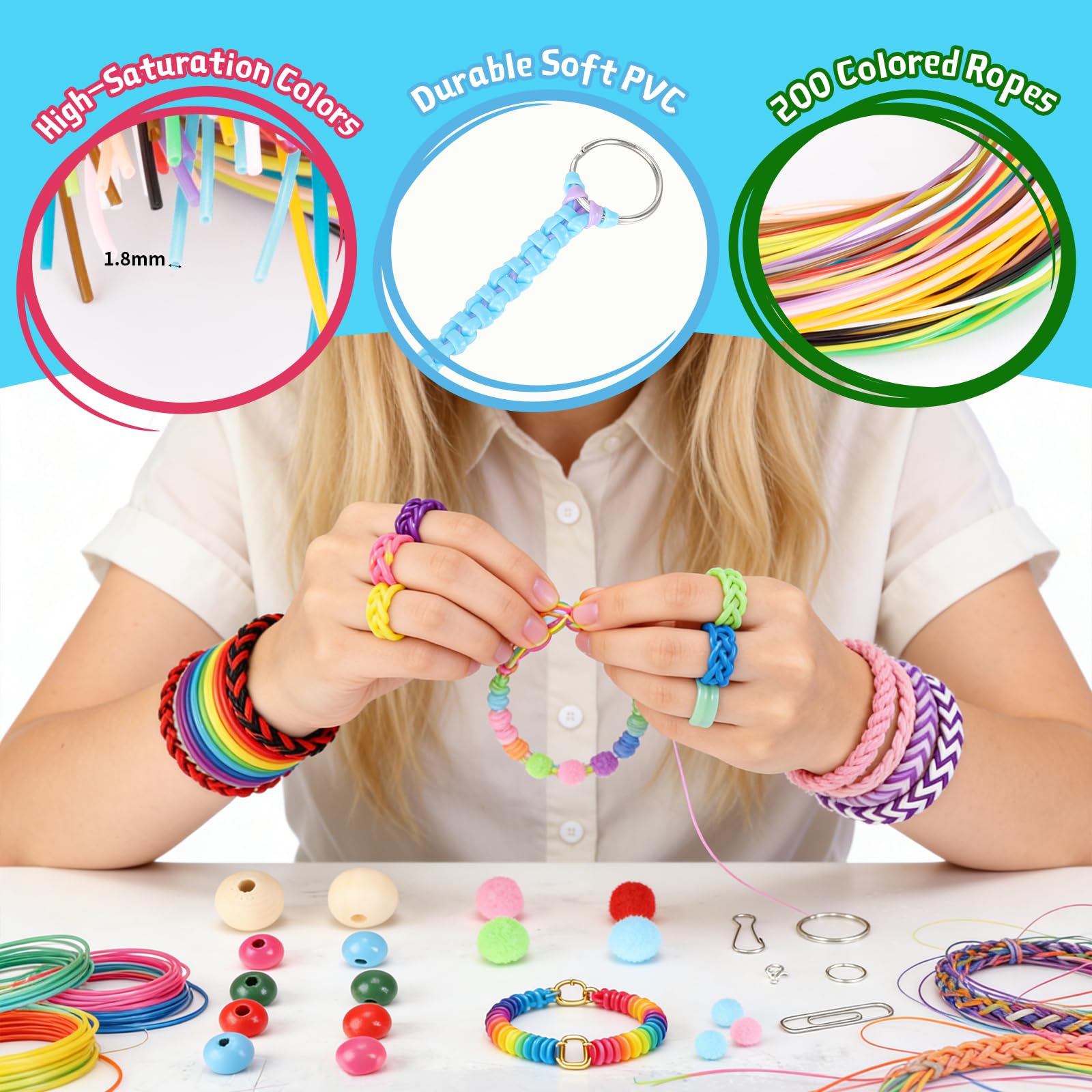 VINATO Kit Fili per Intreccio 220 Pezzi - 200 Fili Elastici per Braccialetti in 20 Colori con Portachiavi e Ganci