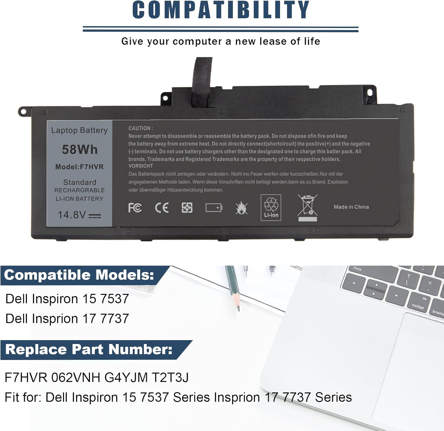 Futurebatt F7HVR Notebook Battery 14.8V 58WH Replaceable for Dell Inspiron 15 7537 Dell Insprion 17 7737 Series