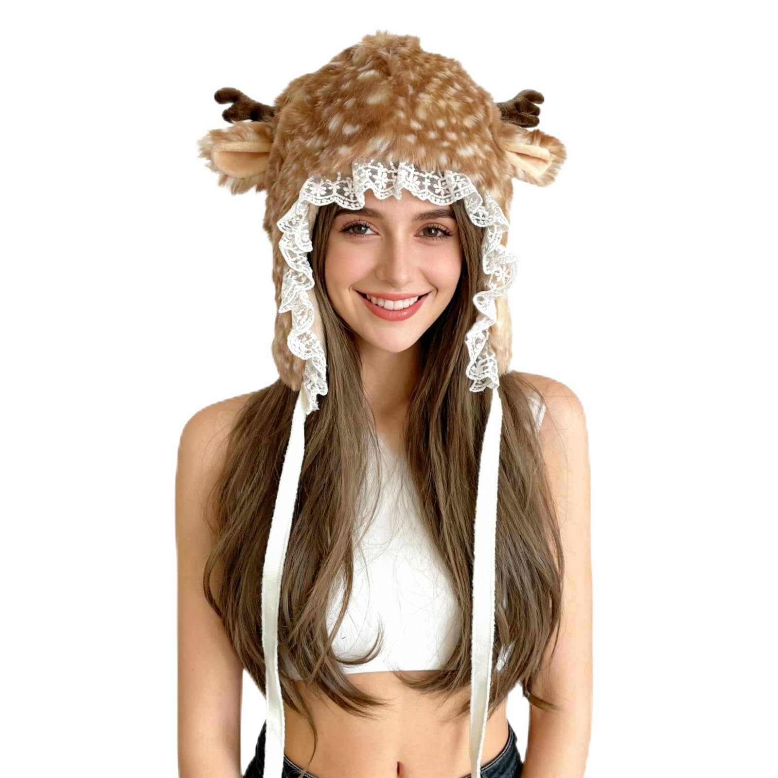 JIAHG Deer Antler Faux Fur Bonnet Hat with Lace Trim and Ribbon Ties, Warm Winter Fawn Cap, Cute Lolita Cosplay Headdress for Women, Teens & Girls (Brown)