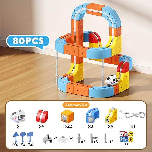 Miniatura 6 de Juego de tren eléctrico para niños: 80 piezas 3D mágicas flexibles pistas de carreras con tren de coche antigravedad, regalos de cumpleaños