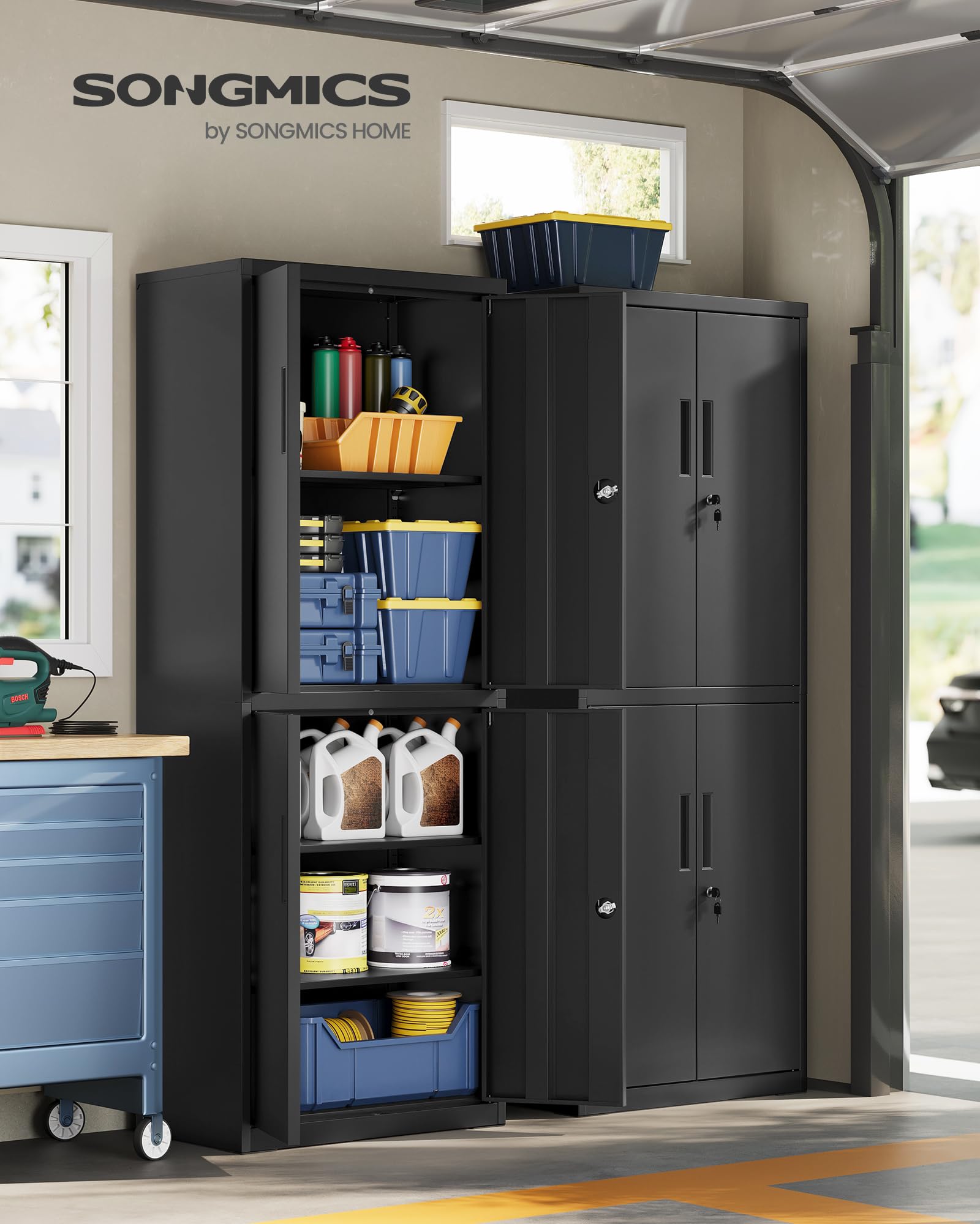 SONGMICS Armadietto Garage a 5 Ripiani con 4 Ante, Armadio Ufficio, 40 x 60 x 180 cm, 2 Serrature, Ripiani Regolabili, Armadio Metallo, Nero Opaco OMC017BD01
