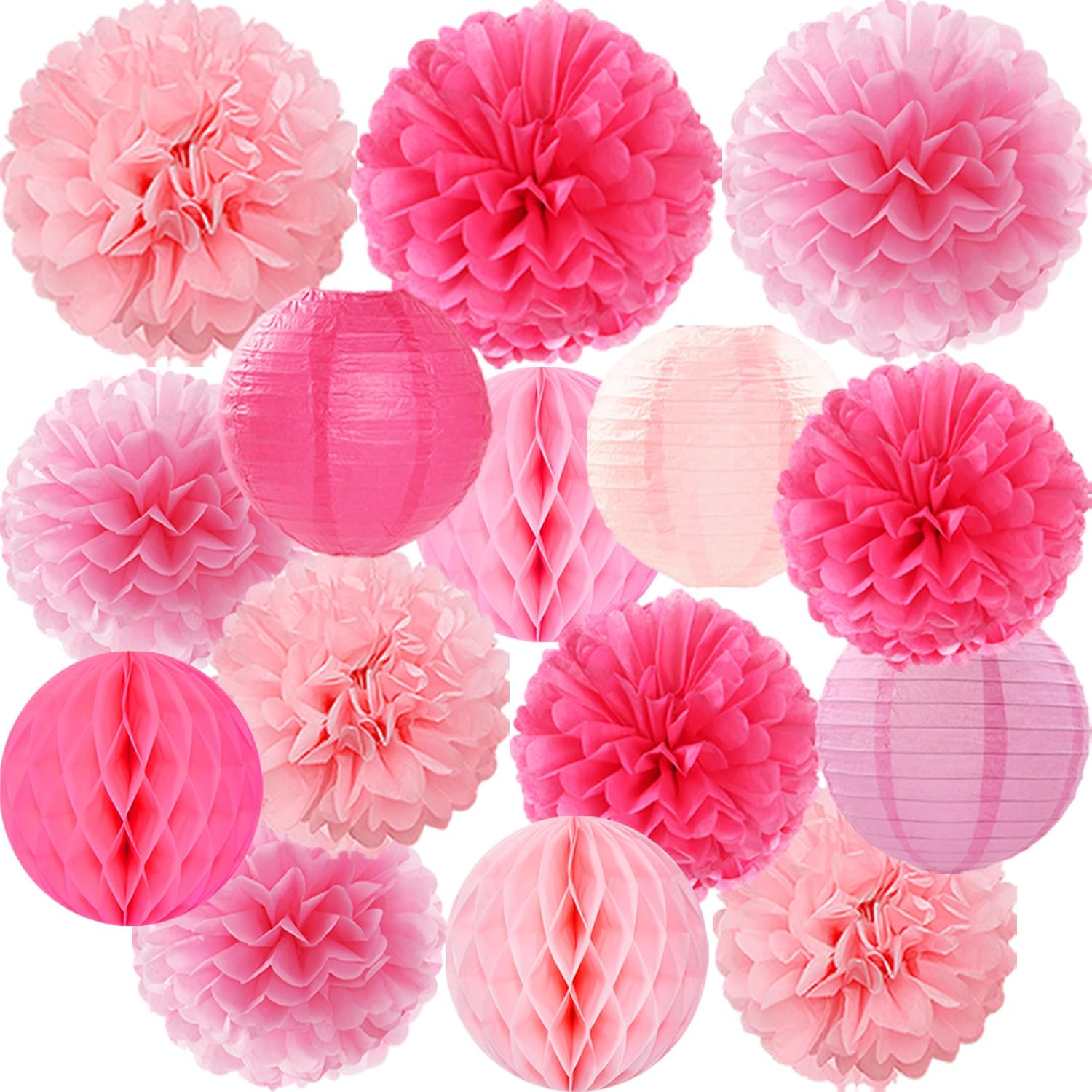 Hot Pink Paper Flowers Tissue Pom Poms Honeycomb Lanterns 15pcs Party Decorations for Birthday Bachelorette Women Girls Night Baby Shower Bridal Wedding Valentine Hanging Supplies Mprocherify