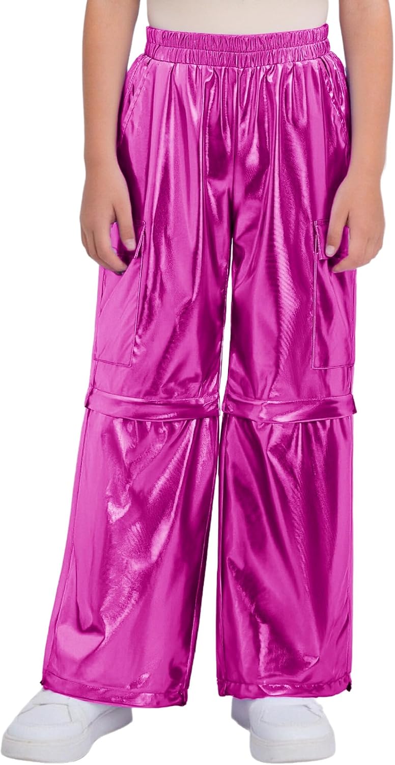 Kids Boys Girls Metallic Cargo Pants Hip Hop Dance Pants Elastic Waist Zip-Off Jazz Street Joggers​​​​