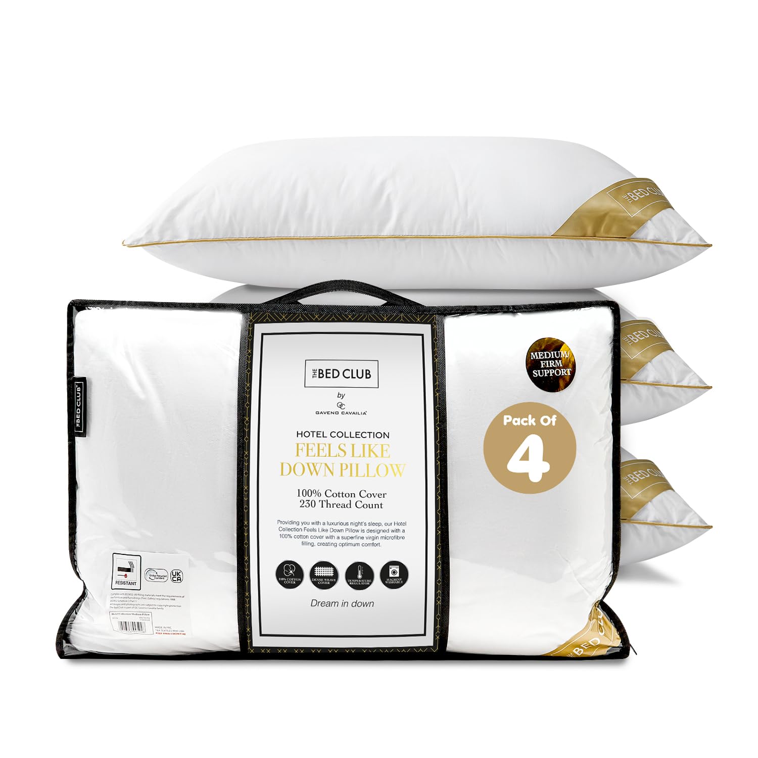 GC GAVENO CAVAILIA Medium Support Pillow 4Pack With 100% Cotton Cover | Bounce-Back Neck Support Bed Pillows Standard Size Single Pillow | Hotel Quality Pillows For Back Pain & Side Sleepers, 74x48cm