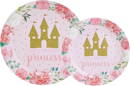 Miniatura 5 de BLUE PANDA Kit de decoración de princesa para fiesta de cumpleaños, 194 piezas, diseño floral rosa y castillo dorado, platos y servilletas, tazas y