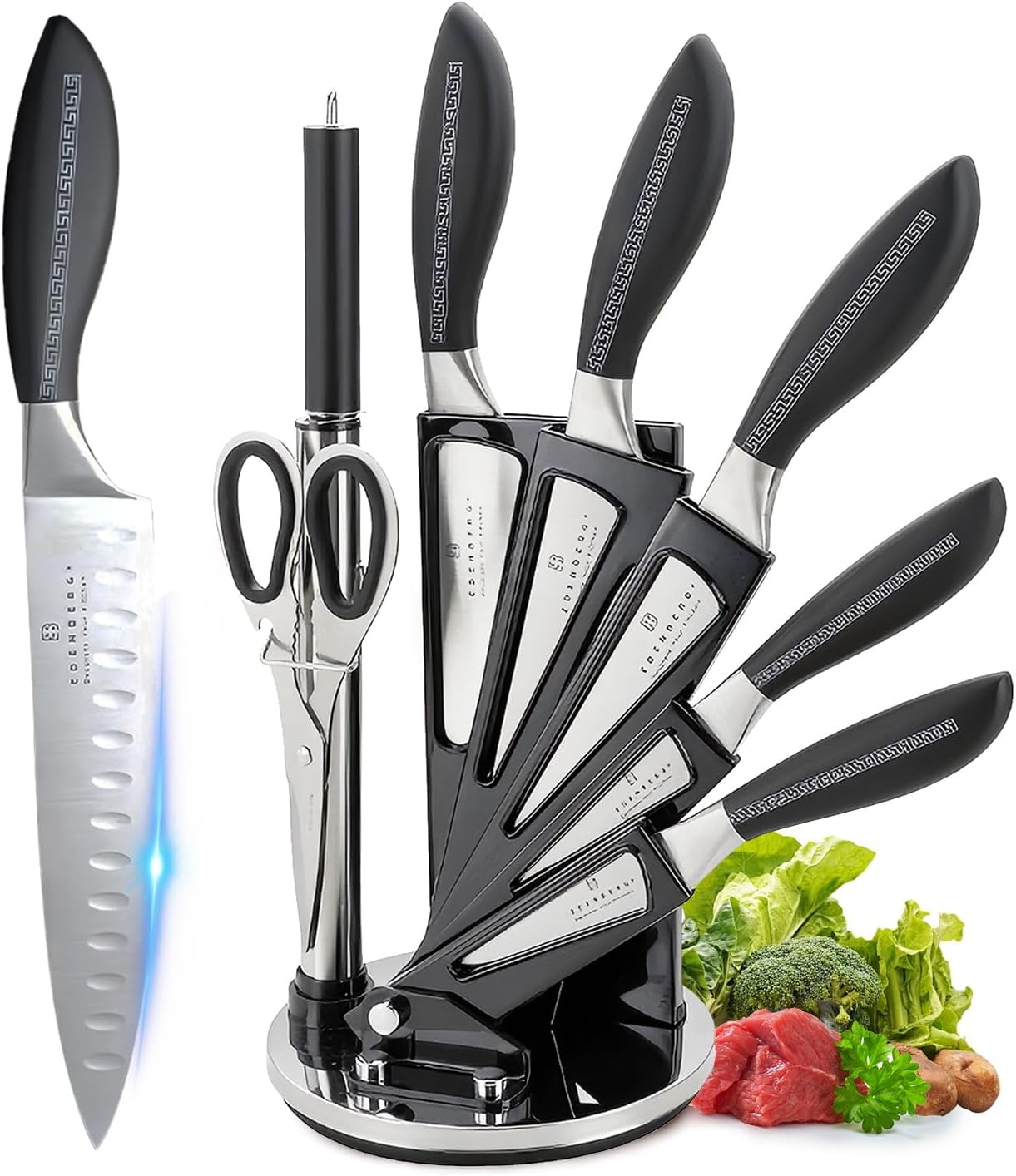 Kitchen Knife Set, Retrosohoo 8-Piece Grey Sharp Non-Stick Coated Chef Knives Block Set,Stainless Steel Knife Set for Kitchen with Sharpener for Cutting Slicing Dicing Chopping (Grey)