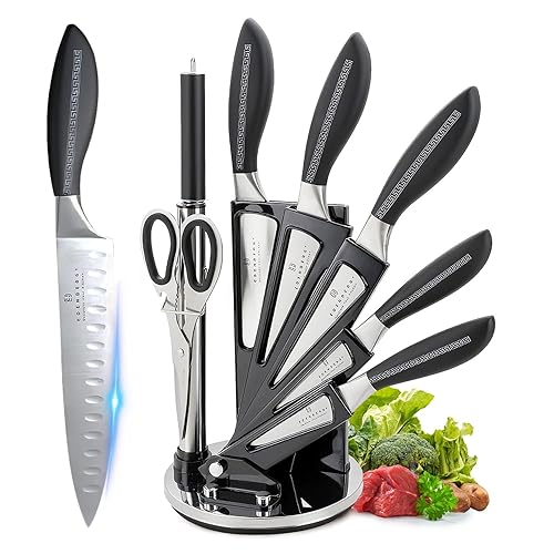 Kitchen Knife Set, Retrosohoo 8-Piece Grey Sharp Non-Stick Coated Chef Knives Block Set,Stainless Steel Knife Set for Kitchen with Sharpener for Cutting Slicing Dicing Chopping (Grey) - Gray
