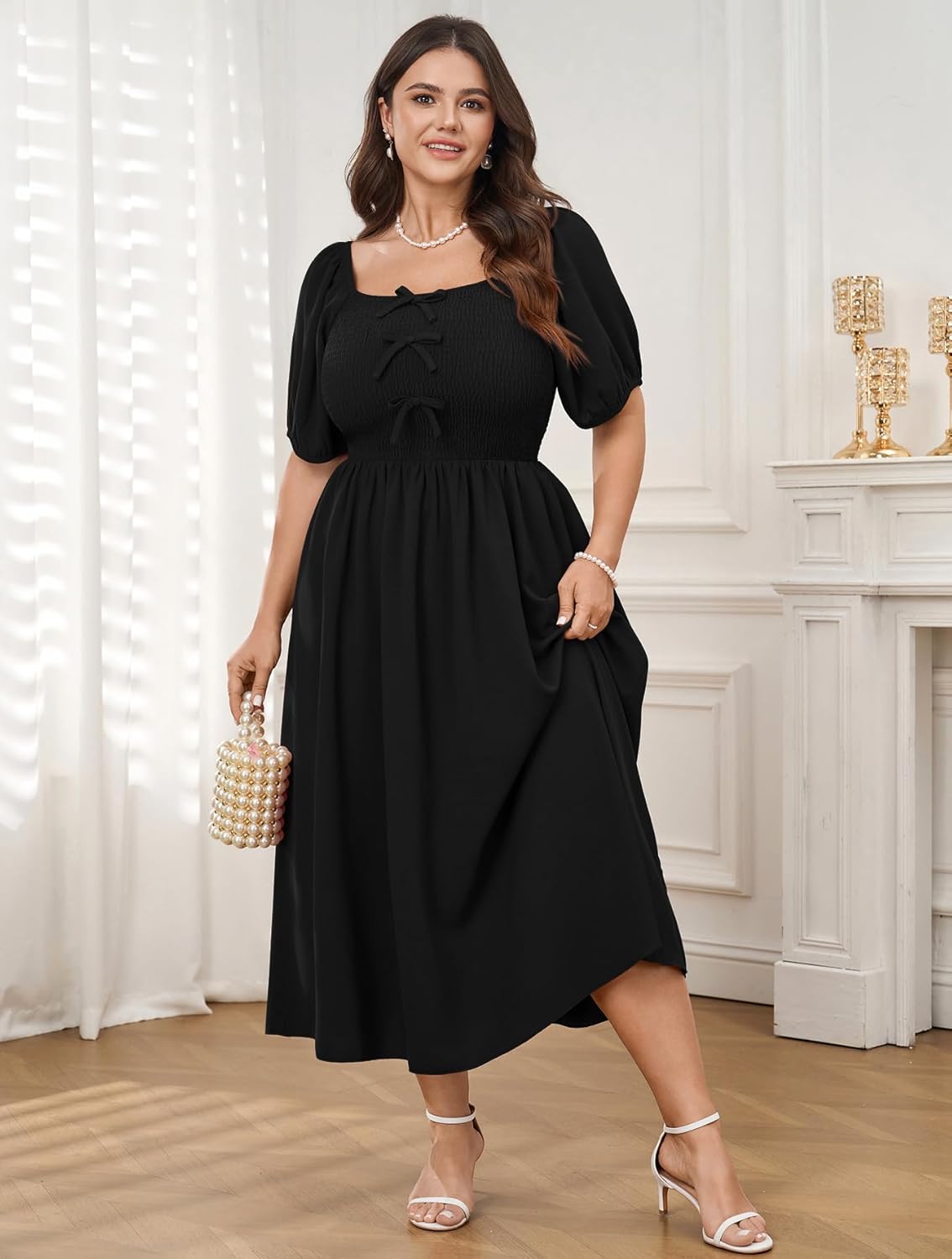 SCOMCHIC Women's Plus Size Cocktail Dress Milkmaid Bow Front Short Sleeve Square Neck Smocked Wedding Guest Maxi Dress - Image 4