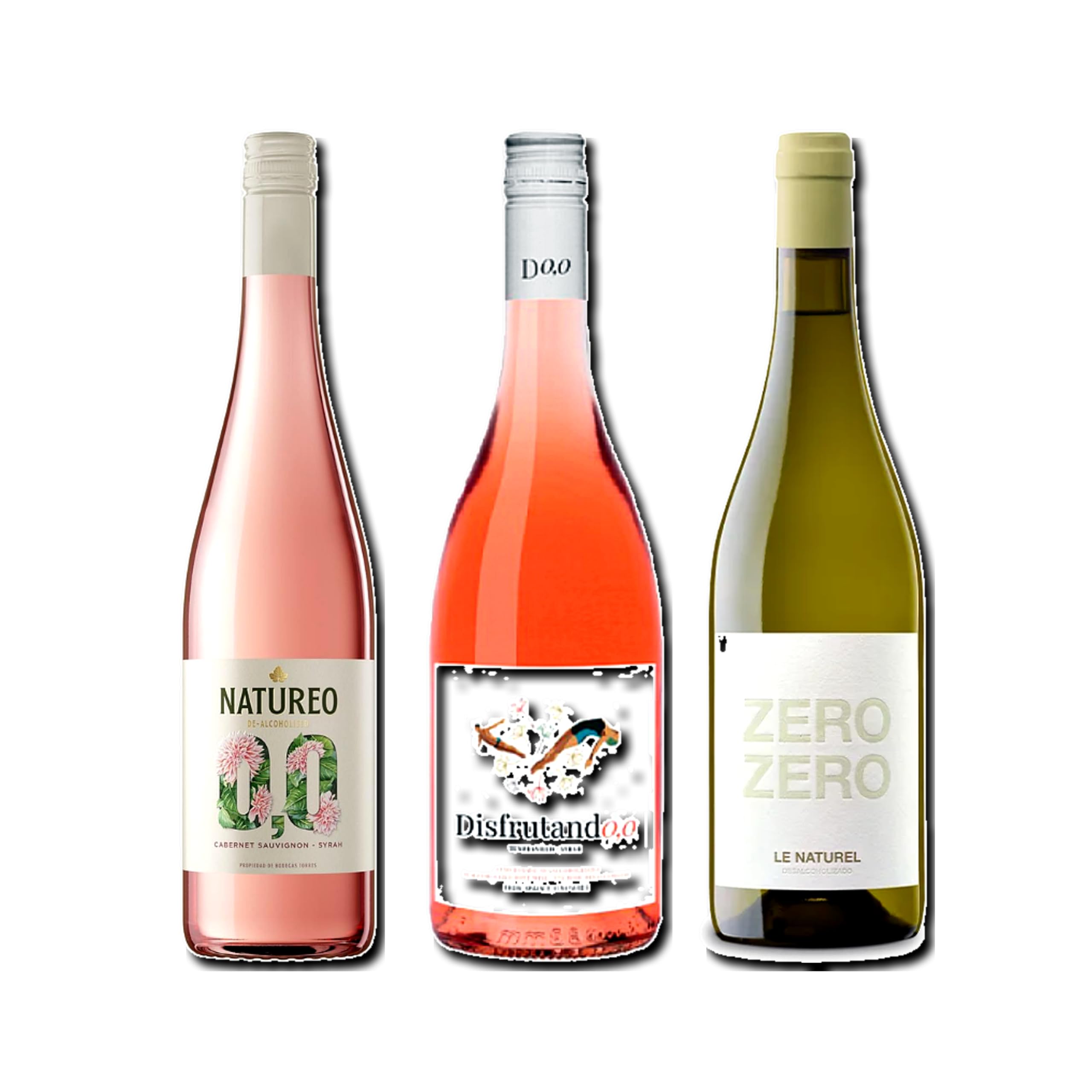 vino sin alcohol 0,0 Natureo Rosado, Disfrutando 0,0 Rosado y Zero Zero Le Naturel Blanco pack de 3 botellas 75cl