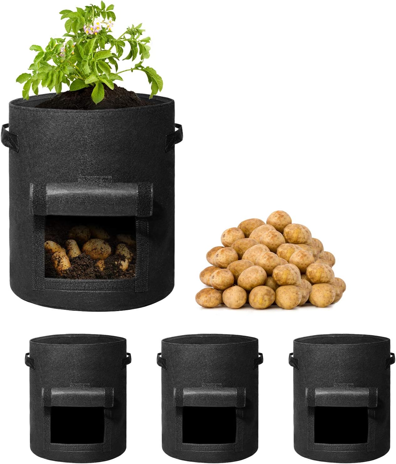 Delxo 3 Pack 10 Gallon Potato Grow Bags, Vegetable Grow Bags with Window, Double Layer Premium Breathable Nonwoven Cloth for Potato/Plant Container/Aeration Fabric Pots with Handles Black