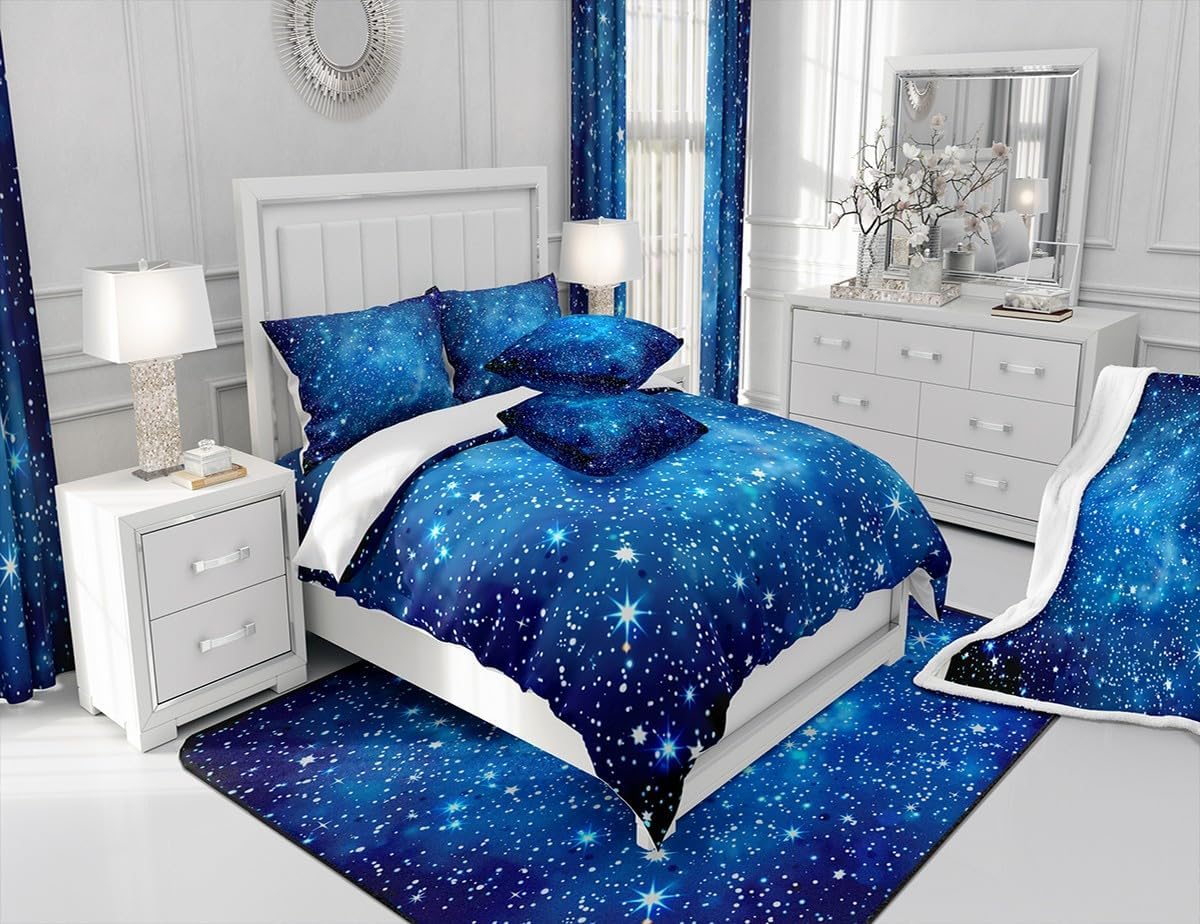 Galaxy Sheet Set Outer Space Sheets with Deep Pocket Fitted Sheet for 3D Printed Space Bed Sheets Set Space Outer Sky Blue Glitter Universe Galaxy Bedding Set Room Decor 4Pcs With 2 Pillow Queen Size