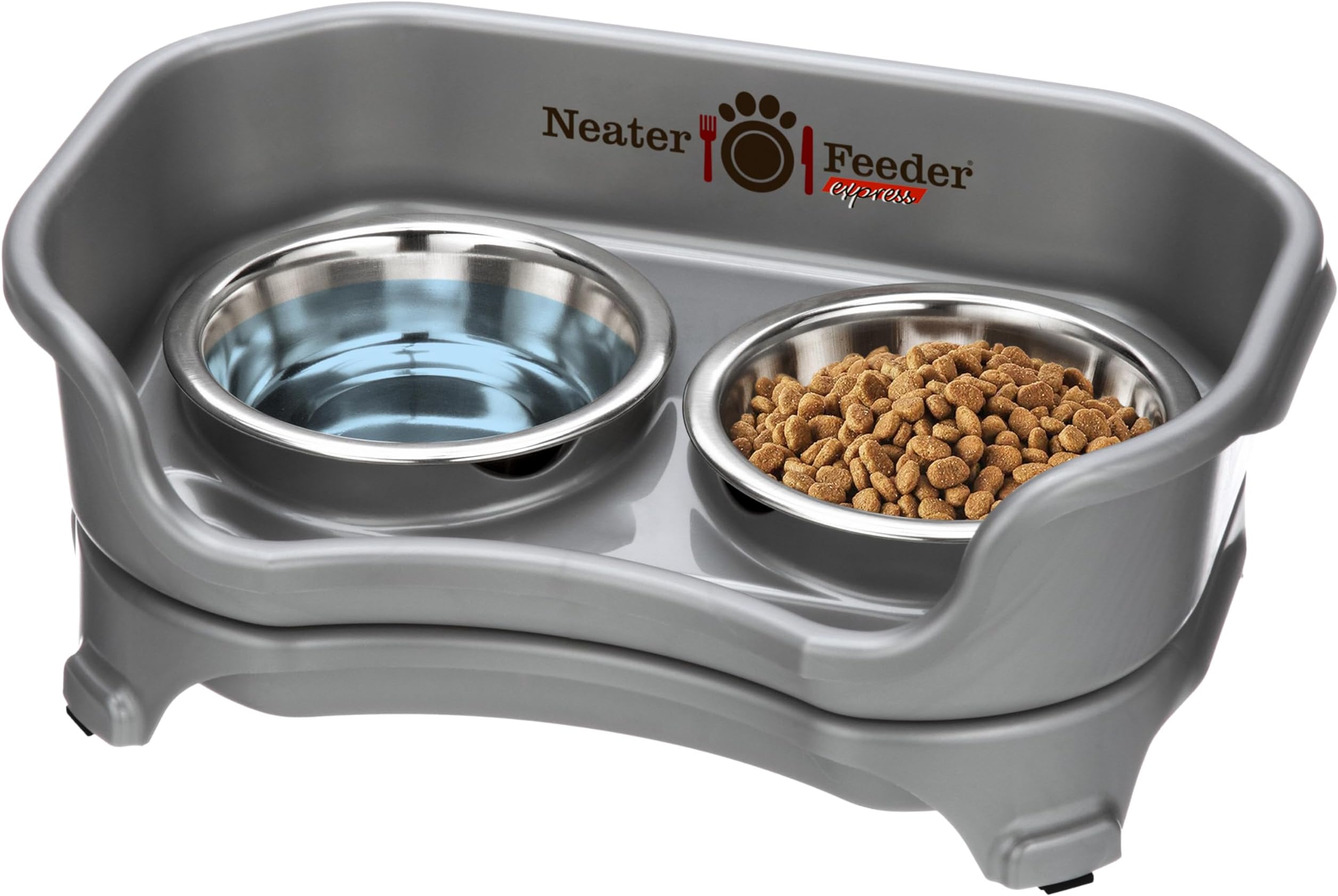 Neater Feeder Express (Cat, Gunmetal) - with Stainless Steel, Drip Proof, No Tip and Non Slip Cat Bowls and Mess Proof Pet Feeder