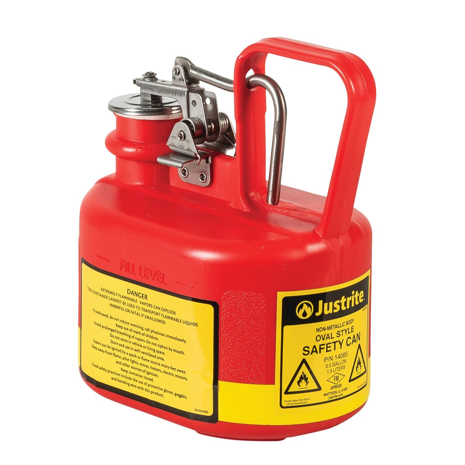 Justrite 14065 1/2 Gallon, 4 5/8" x 7 5/8" x 9.50" Size Type I Red Oval Polyethylene Safety Can with Stainless Steel Hard