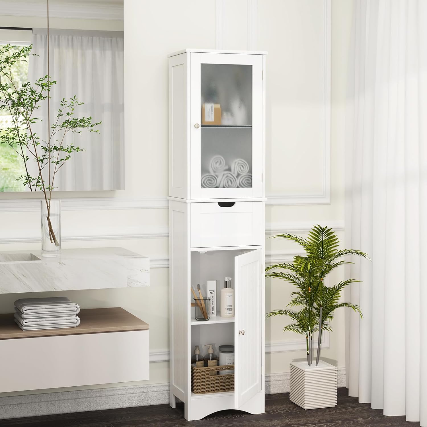 MAT EXPERT 67” Tall Narrow Bathroom Storage Cabinet, Corner Floor Cabinet with 2 Doors, 1 Drawer & 3-Level Adjustable Shelves, Slim Storage Organizer for Bathroom, Living Room (White)