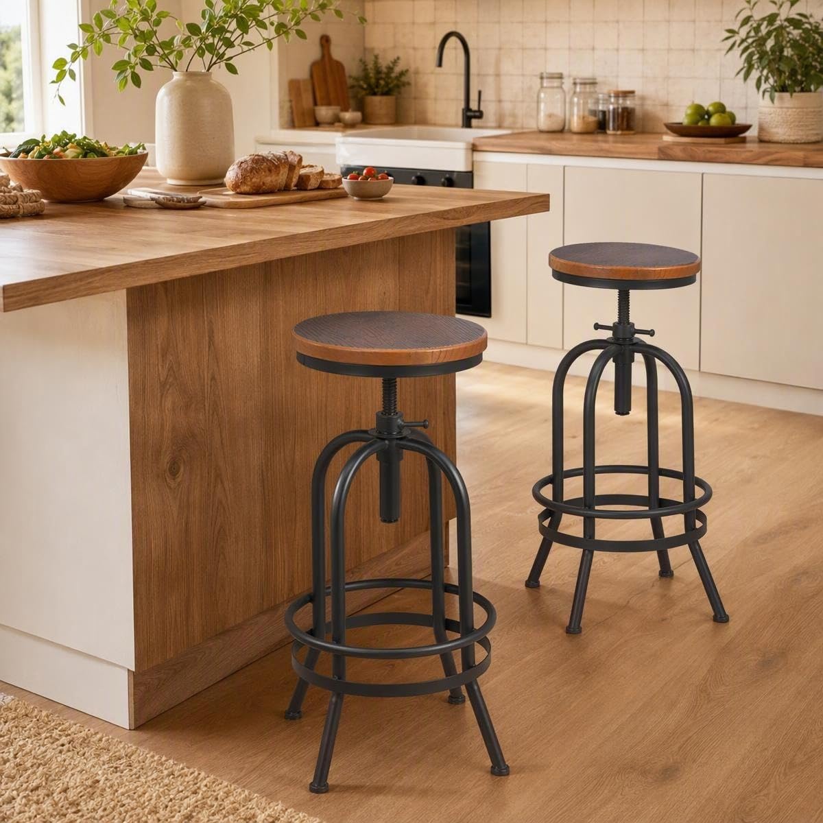 Industrieller Barhocker, Retro-Drehhocker, 66-82 cm, extra hoch, Küchenstuhl, Bartheke, höhenverstellbar, vollständig verschweißt, Schwarz, 2 Stück