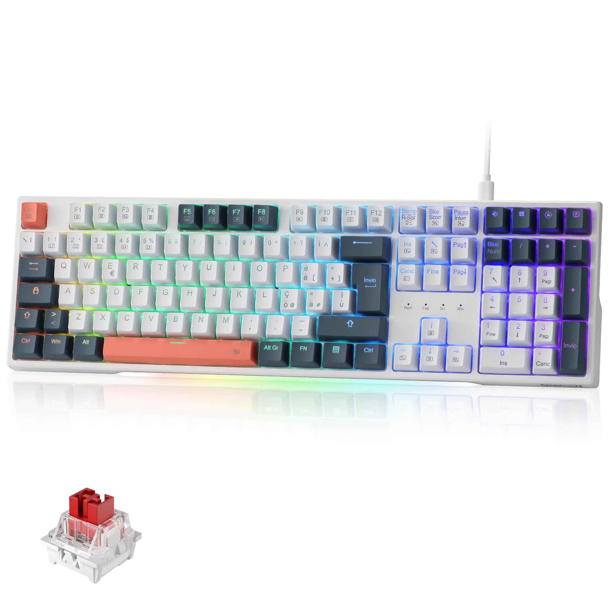Redragon K668 RGB Tastiera Gaming - Meccanica Cablate con 109 Tasti, 4 Tasti Extra, Schiuma Fonoassorbente, Socket Hot-Swappable, Interruttori Rossi, QWERTY Layout Italiano