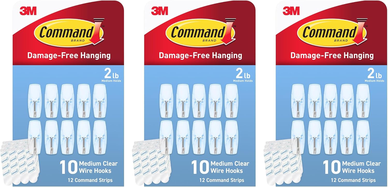 Command Clear Adhesive Hooks, Medium, 3 Pack, 30 Total, 2 lb
