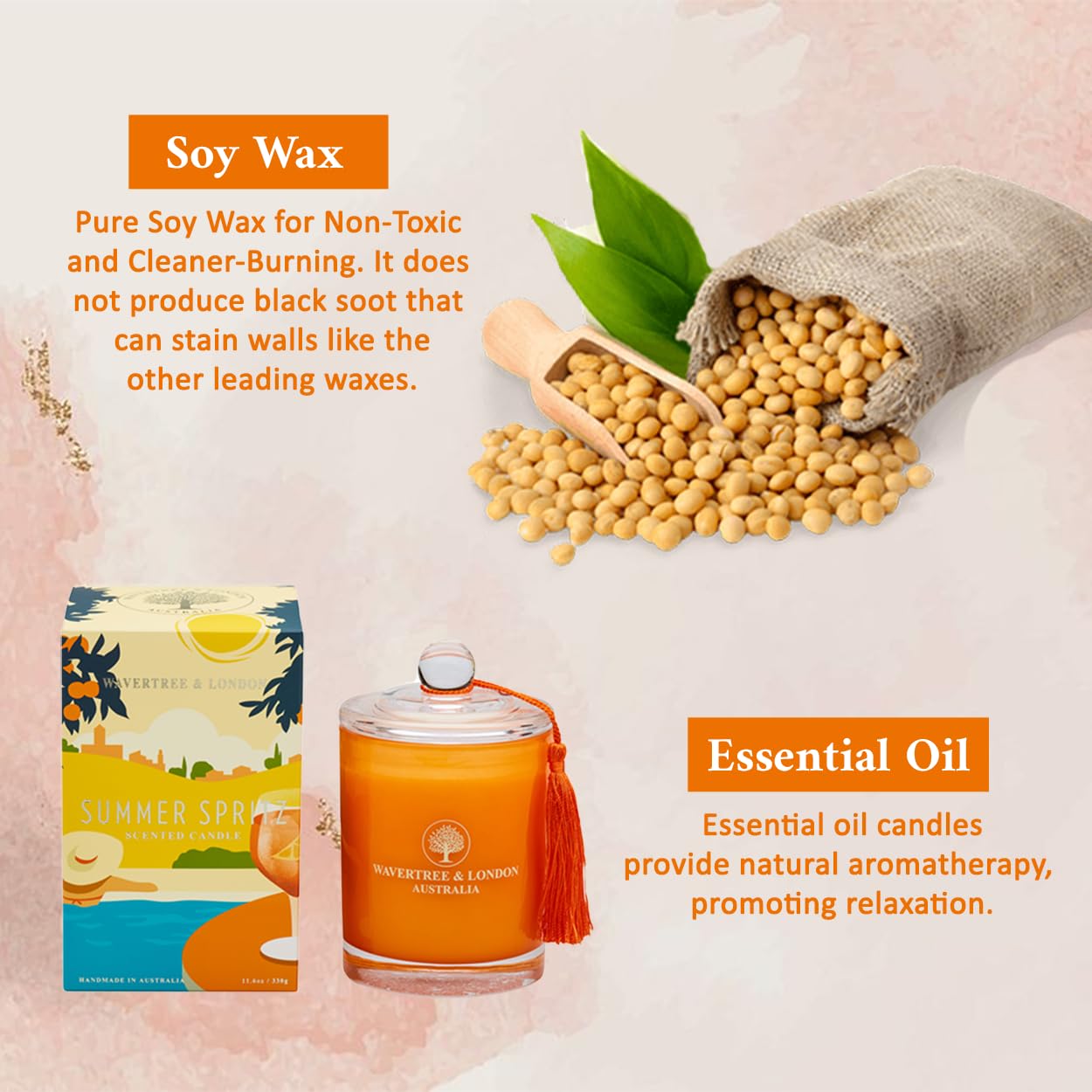 Wavertree & London Vela de cera de soja orgánica Summer Spritz | Velas de cera de soja natural pura y no tóxica, 100 % mecha de algodón, triple aroma, vertida a mano en Australia, 60 horas de tiempo
