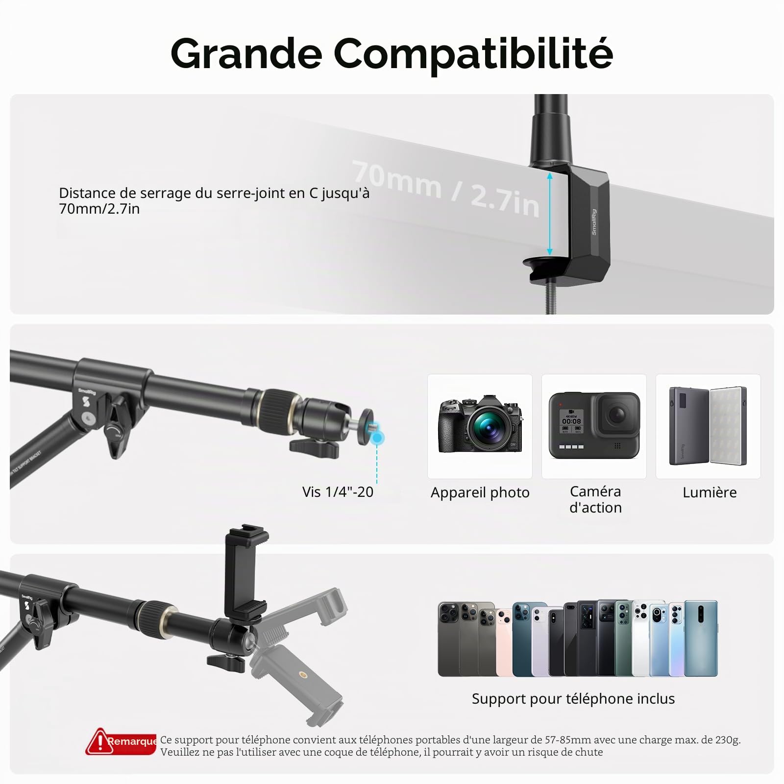 SMALLRIG Support De Bureau Triangulaire, 3kg Max. Charge, Support de Caméra Aérienne avec Tige de Auxiliaire, avec de Téléphone et Petite Rotule pour Camera/Phone/Lumière/Webcam - 4304