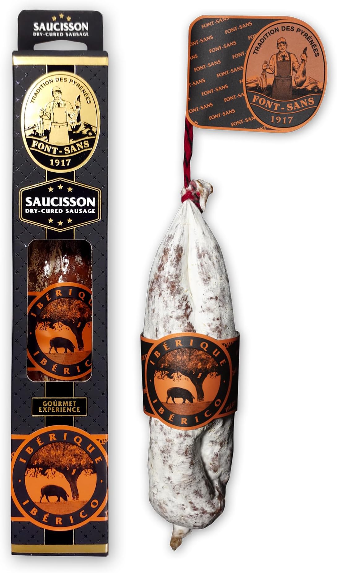 FONT-SANS 1917 Salchichon Iberico, Salami, Black Iberico Pork - Chorizo Ibérico Spicy - Dry Sausage, Spanish Gourmet Sausage Tradition from the Pyrenees (220 g) (CHORIZO IBÉRICO SPICY)