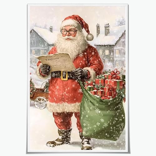 Impresiones en lienzo vintage de Santa Checking His List, arte de pared retro de Navidad para decoración de dormitorio, 8 x 12 pulgadas, sin marco