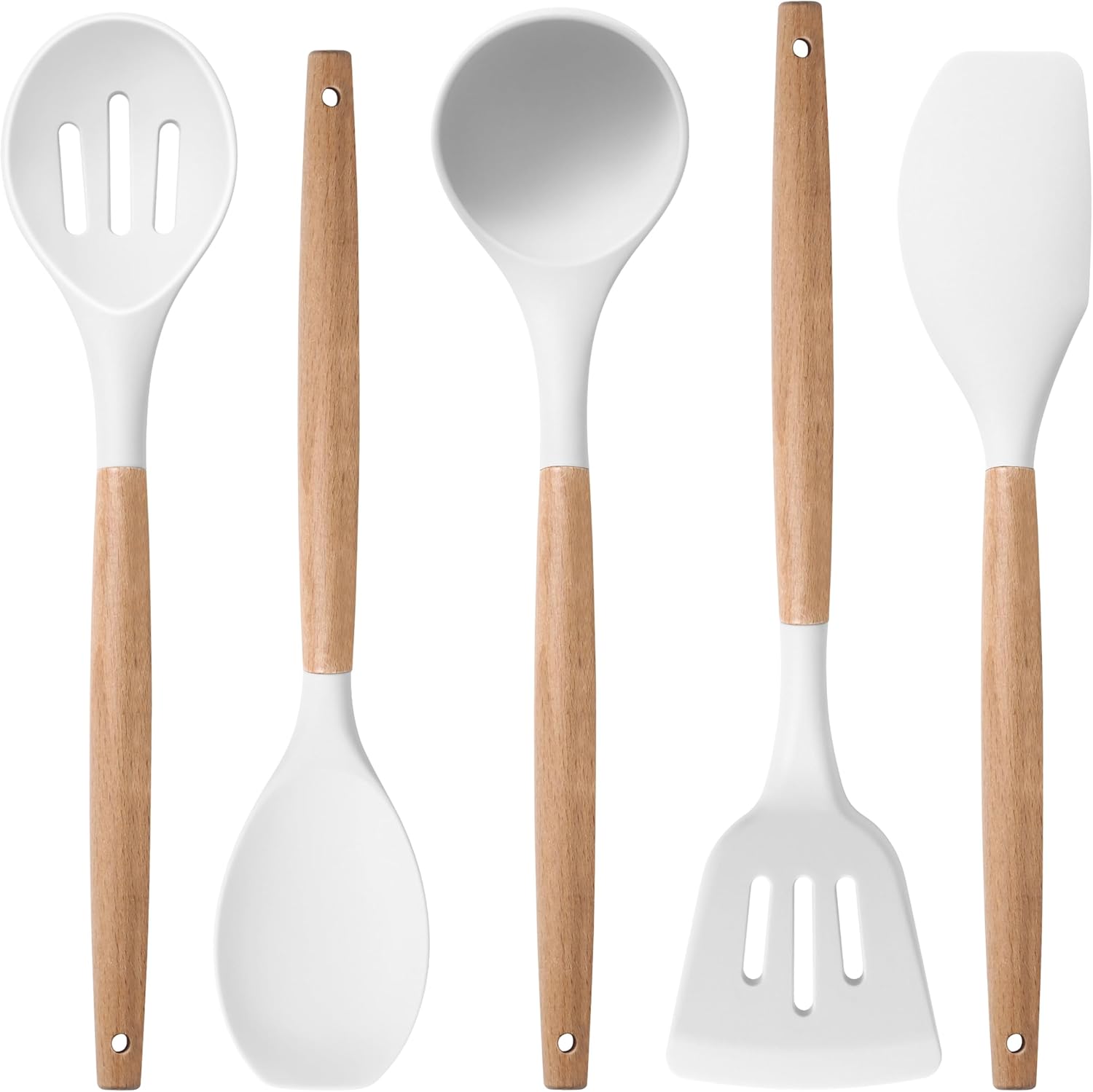 Herogo 5-Piece Cooking Utensils Set, Silicone Kitchen Utensils Set with Wooden Handle, Heat Resistant Cooking Tools Slotted Turner, Spoon, Soup Ladle, Spatula, Spoonula for Nonstick Cookware, White Herogo 5-Piece Cooking Utensils Set, Silicone Kitchen Utensils Set with Wooden Handle, Heat Resistant Cooking Tools Slotted Turner, Spoon, Soup Ladle, Spatula, Spoonula for Nonstick Cookware, White