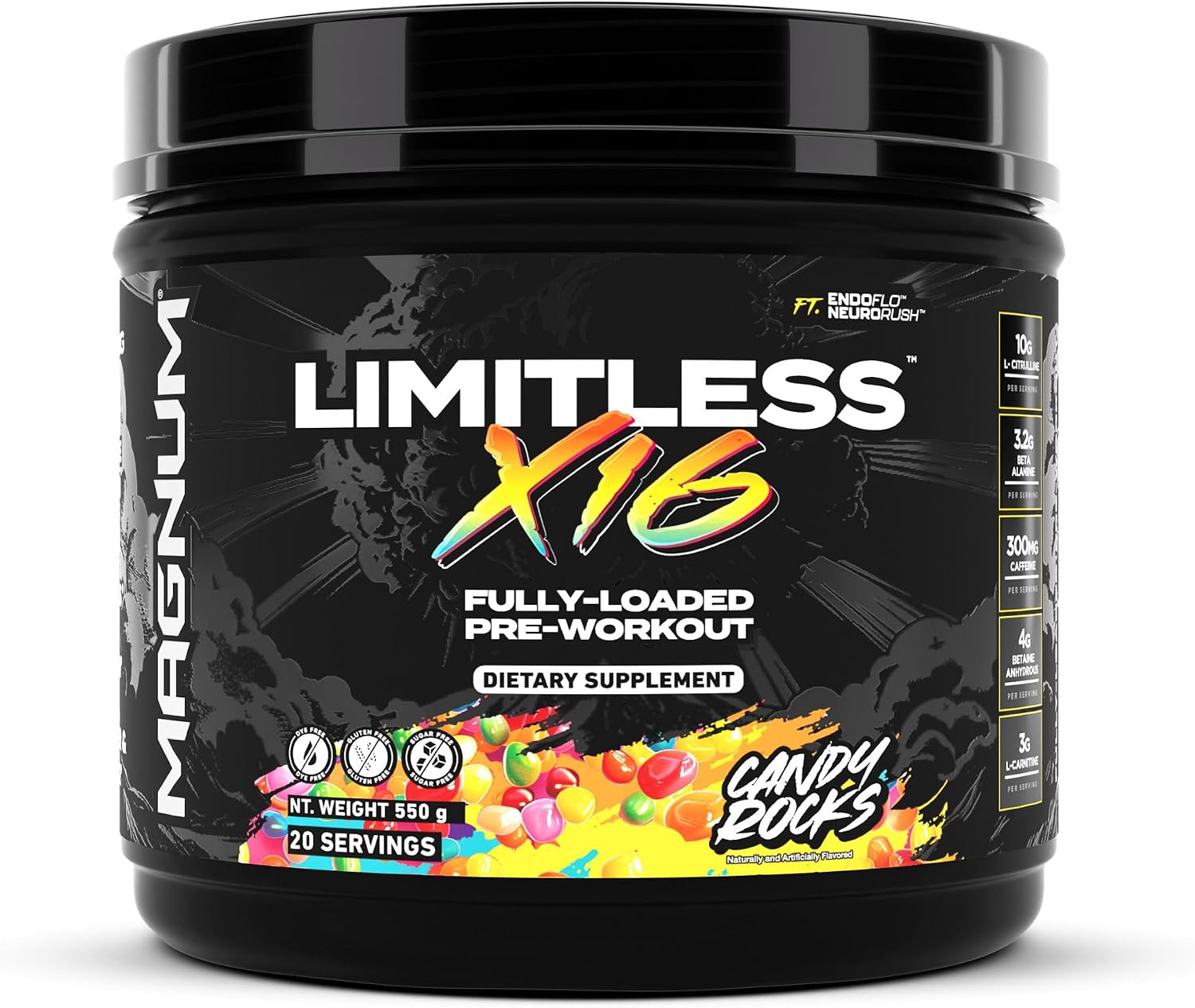 LIMITLESS Magnum Nutraceuticals x16 Fully Loaded Preworkout – 20/40 Servings, Classic Candy Flavor, High-Energy, Focus, Strength & Endurance for Maximum Performance