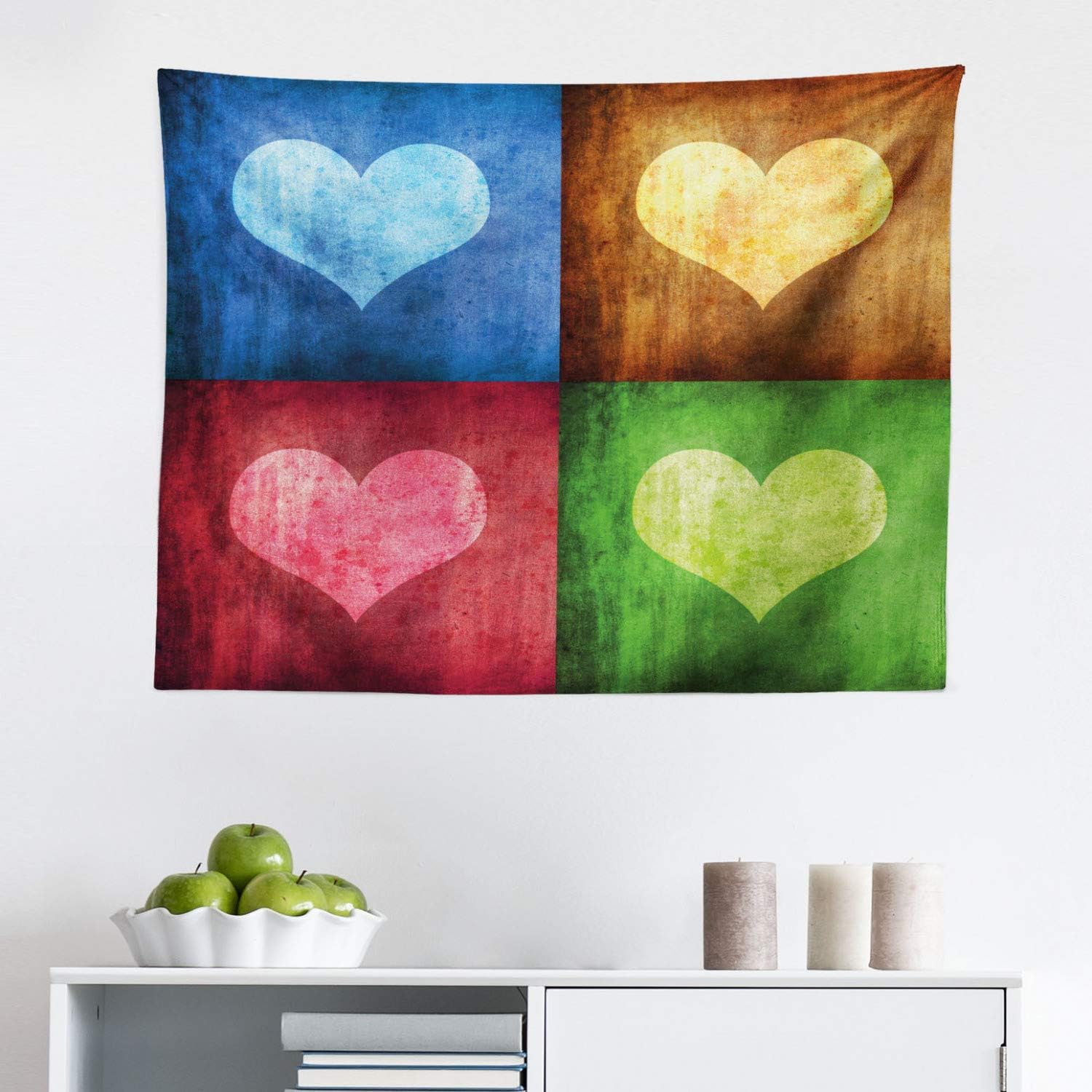 Lunarable Romance Tapestry, Heart on Different Boxes Retro Love Valentines Graphic, Fabric Wall Hanging Decor for Bedroom Living Room Dorm, 45" X 30", Brown Green Pink
