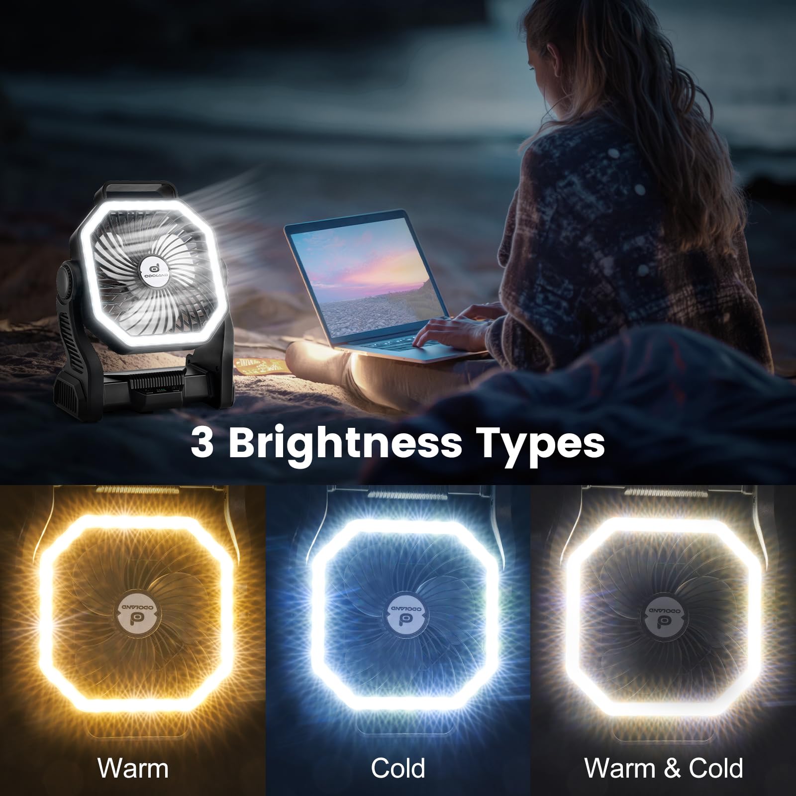 Ventilateur De Camping Rechargeable 20000mAh - 4 Vitesses, Lumière LED 3 Couleurs, Crochet - Pour Tente, Voyage, Panne