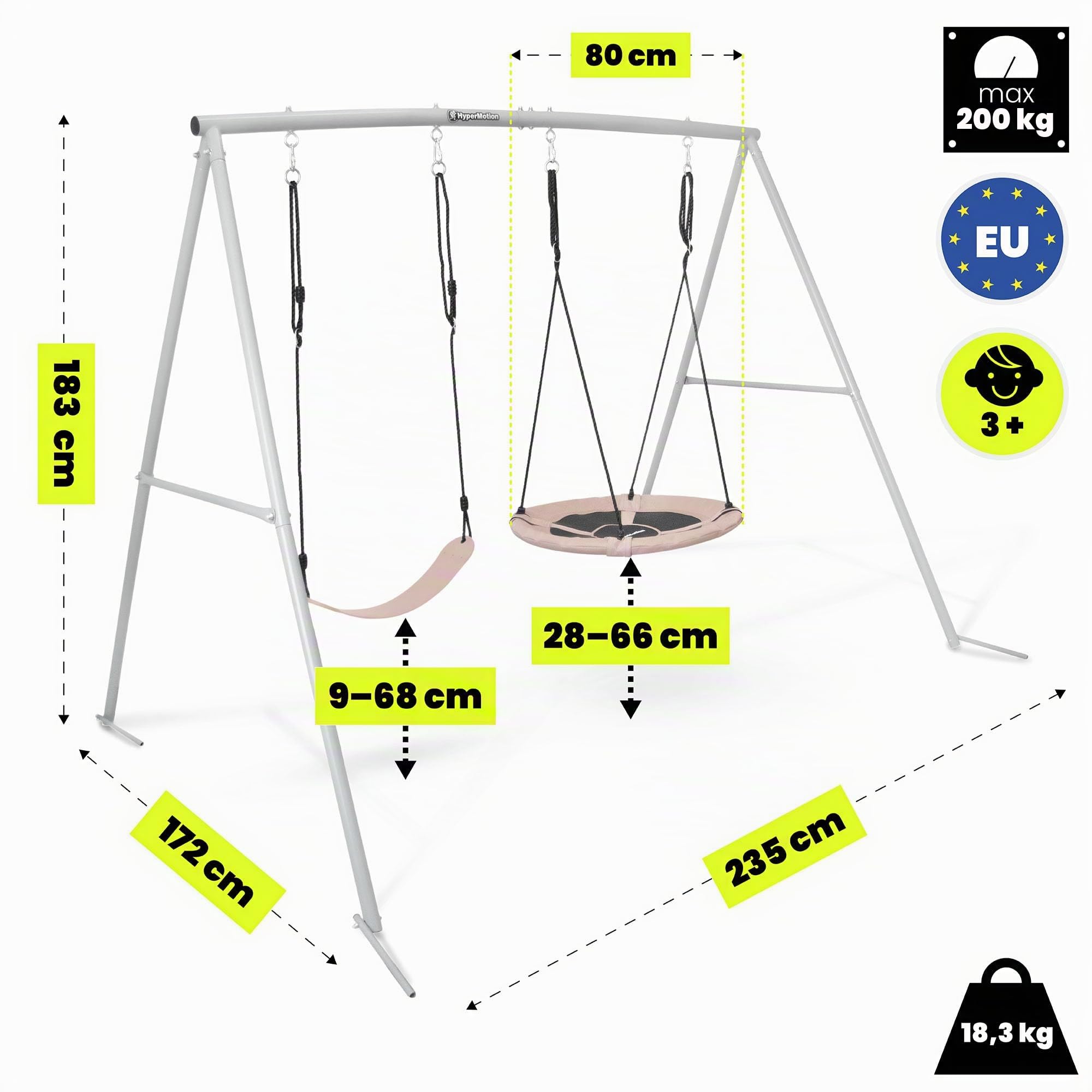 HyperMotion Balançoire Double en Métal Peint Gris/Beige, Siège Classique et Nid d'Oiseau, Structure 235 × 172 × 183 cm, Capacité 100 kg par Siège, 2 Places