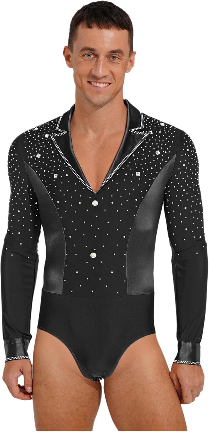 Mens Long Sleeve Latin Dance Shirt Tops Figure Skating Bodysuit Tango Cha-cha Ballet Dancewear