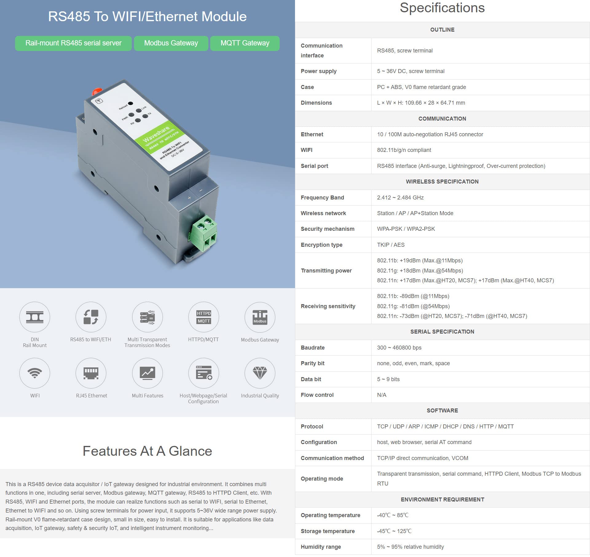 Waveshare RS485 to WiFi/Ethernet Module Rail-Mount Serial Server Modbus MQTT Gateway Supports Trasparente Transmission Mode