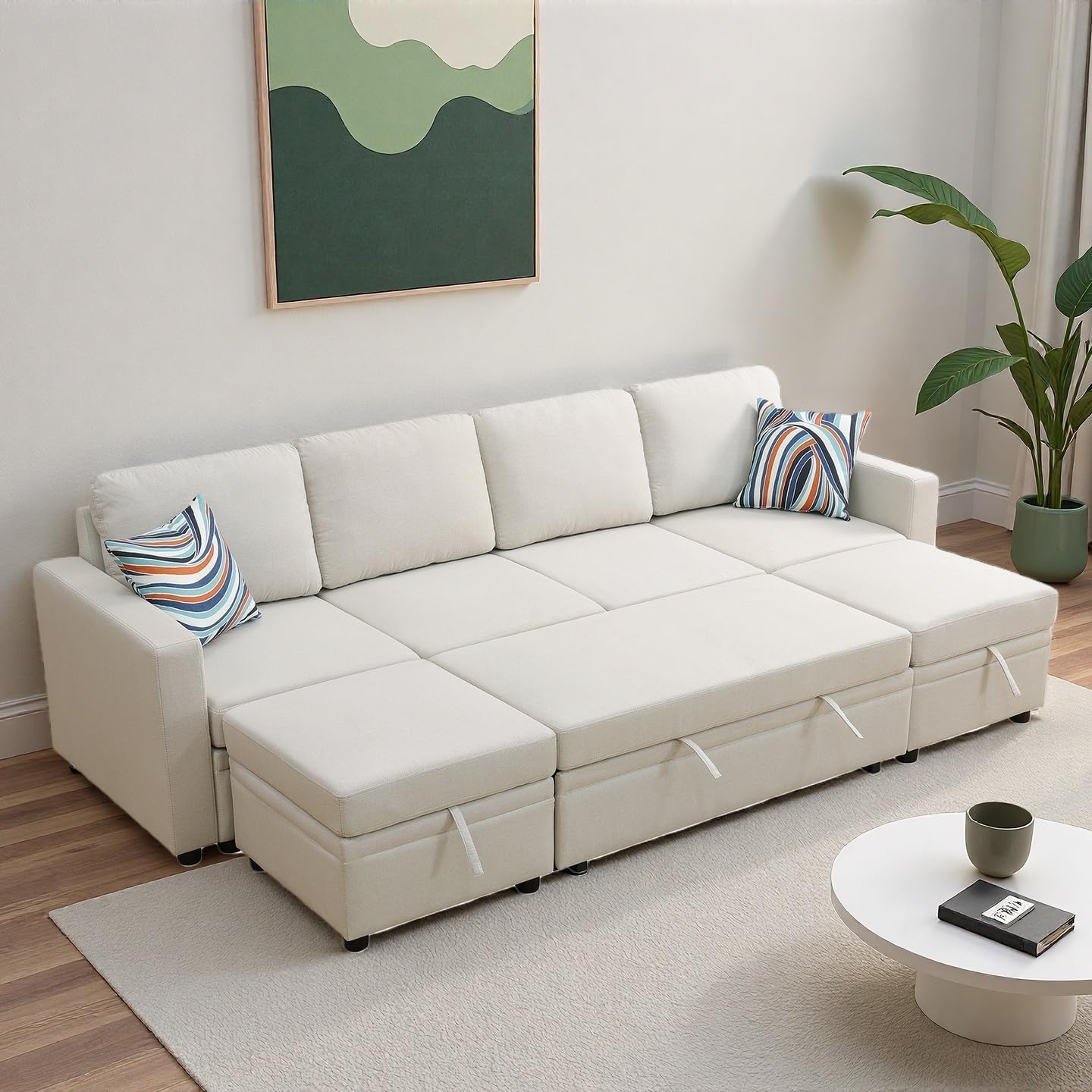 102 Inch Pull Out Couch, Convertible Sofa Bed for Living Room, Comfortable Sleeper Sofa with Pull Out Bed, Modern Sectional Couches with Ottoman Storage, Easy Assembly for Apartment, Off-White