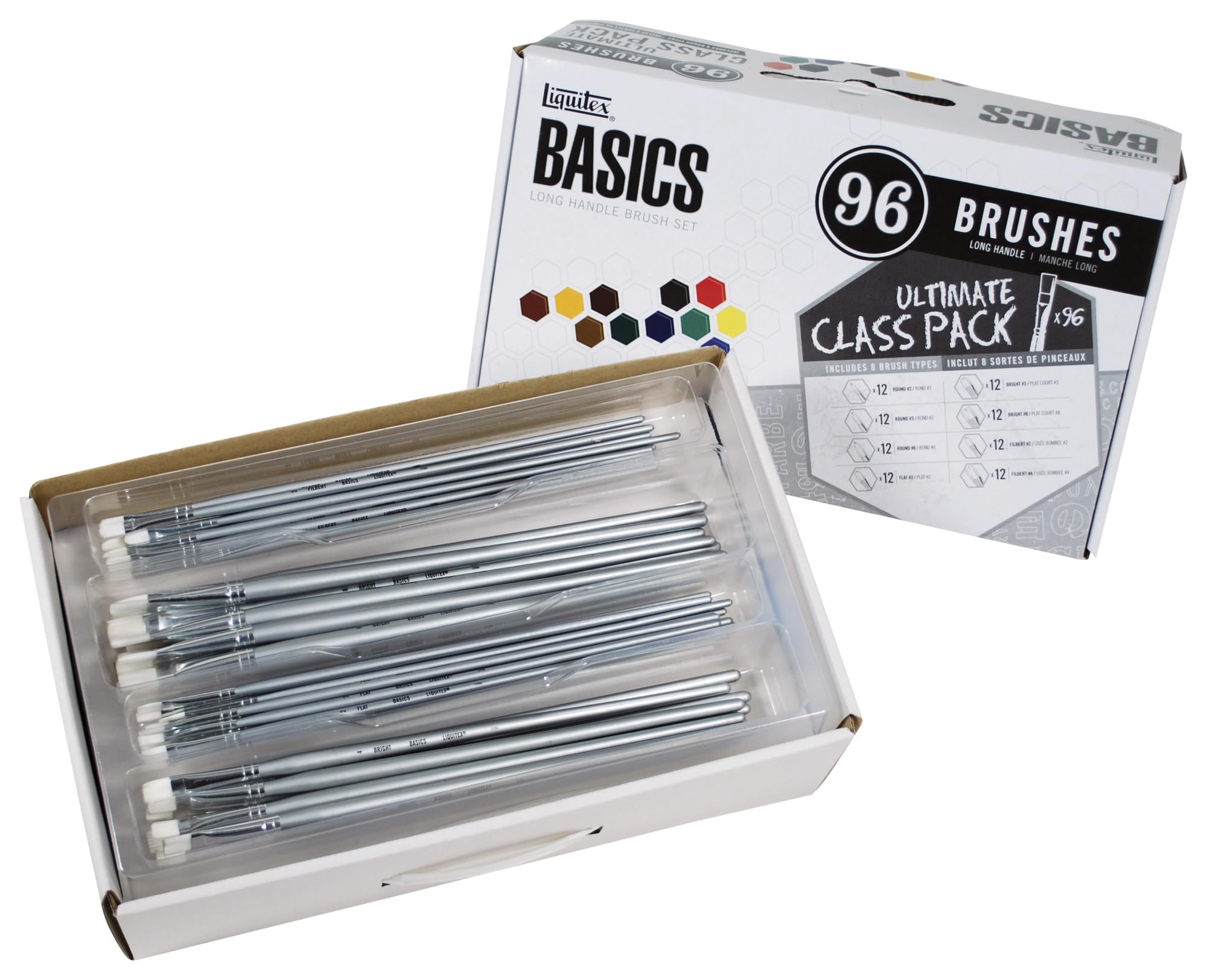 Liquitex Basic sintetico bianco lungo manico in legno duro Value Brush set, dimensioni assortite, set di 96