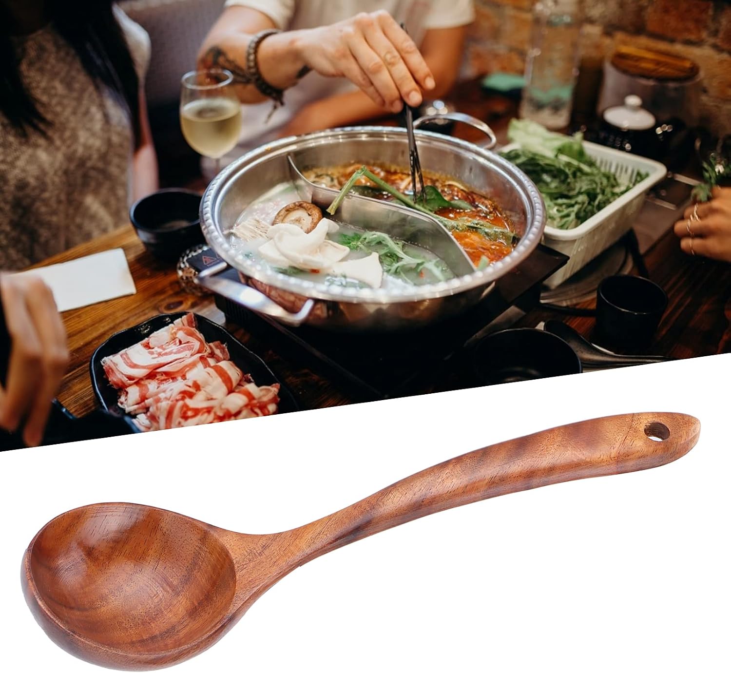 Wooden Soup Ladle, Long Handle Teak Cooking Spoon Wooden Scoop