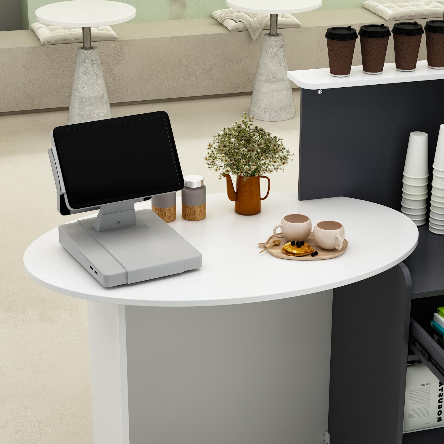 Banco reception Cassettiera con ripiano e cassetto, bancone patchwork nero-grigio, MDF, 40 x 121 x 110 cm