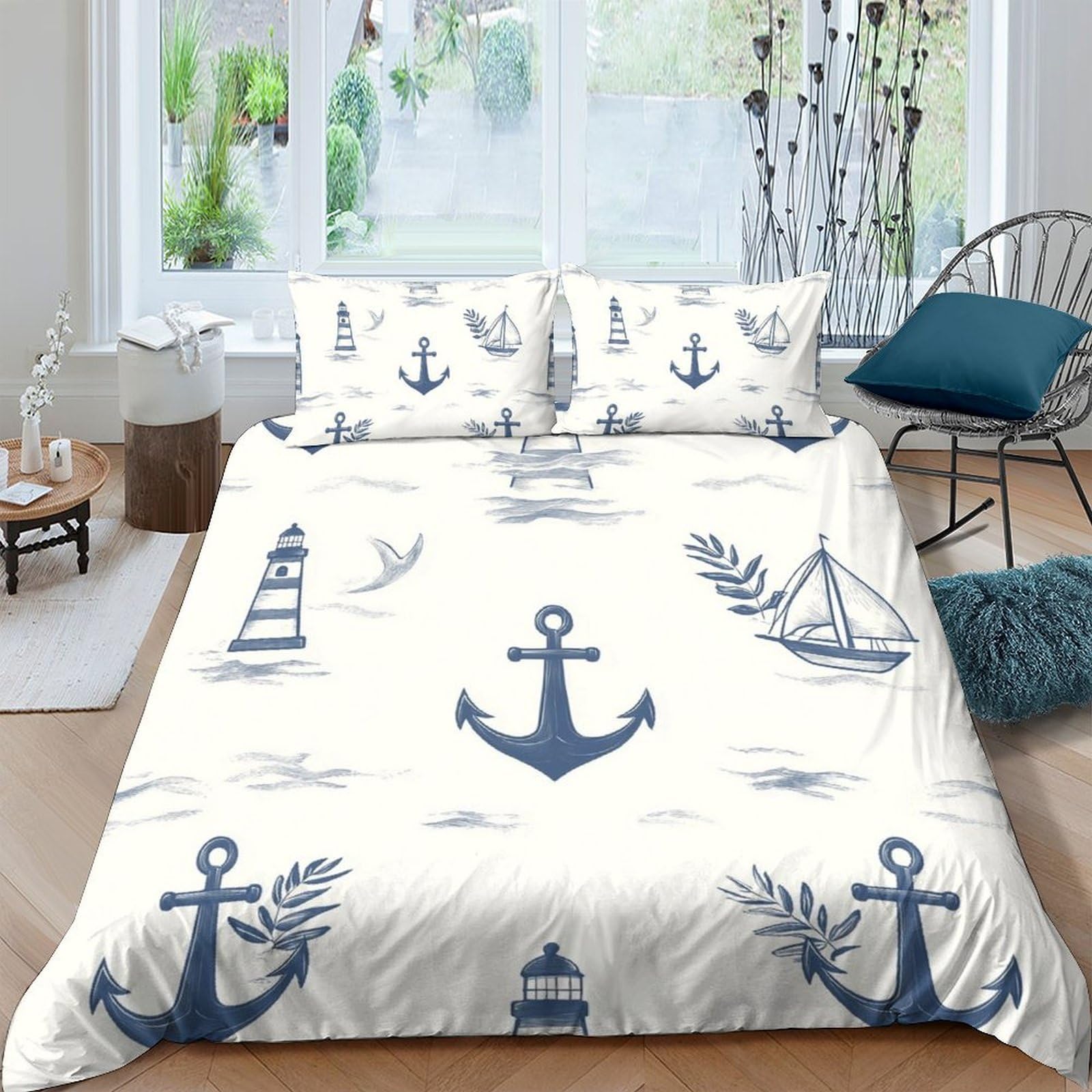 Ctjqhvkz Style-8 3D Printed Nautical Anchor Fitted Sheet Microfiber Soft Breathable Lighthouse Sailboat Mattress Cover Bedroom Decor Single（135X200cm）