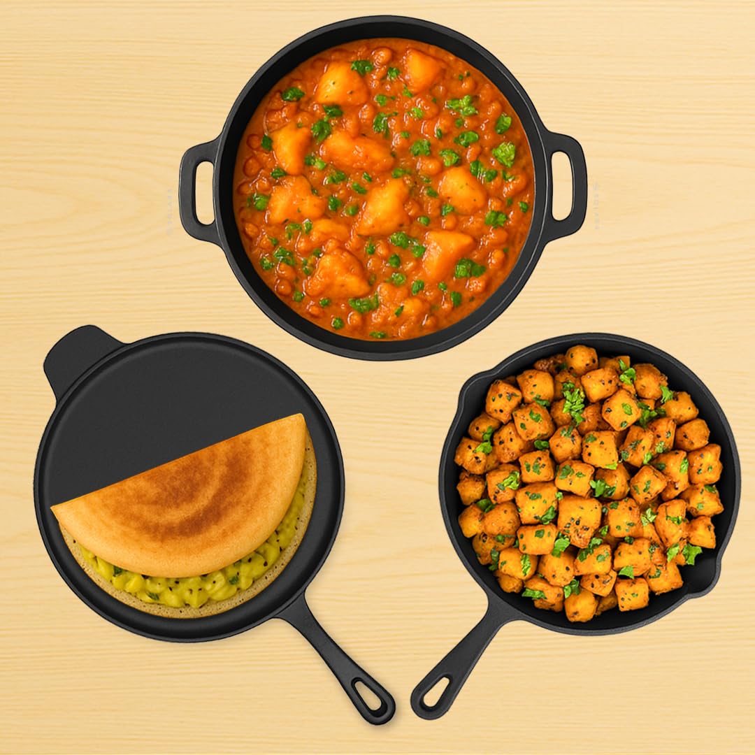 SOLARA Crownstone Premium Pre-Seasoned Cast Iron Cookware Set – Tawa with Single Handle (12″ Inch/30 CM) + Fry Pan (10″ Inch/25 CM) + Kadhai (10″ Inch/25 CM), Set of 3 with Free Spatula SOLARA Crownstone Premium Pre-Seasoned Cast Iron Cookware Set – Tawa with Single Handle (12″ Inch/30 CM) + Fry Pan (10″ Inch/25 CM) + Kadhai (10″ Inch/25 CM), Set of 3 with Free Spatula