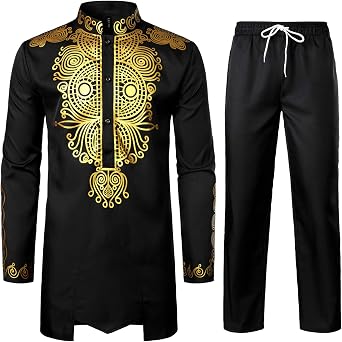 LucMatton Mens African Attire 2 Piece Set Long Sleeve Gold Foil Printing Dashiki and Pants Outfit Traditional Suit