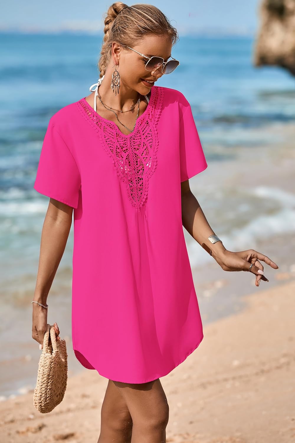 Supnier Women's Bathing Suit Cover Up Dress Lace Crochet V Neck Summer Beach Bikini Swimsuit Coverup - Image 5